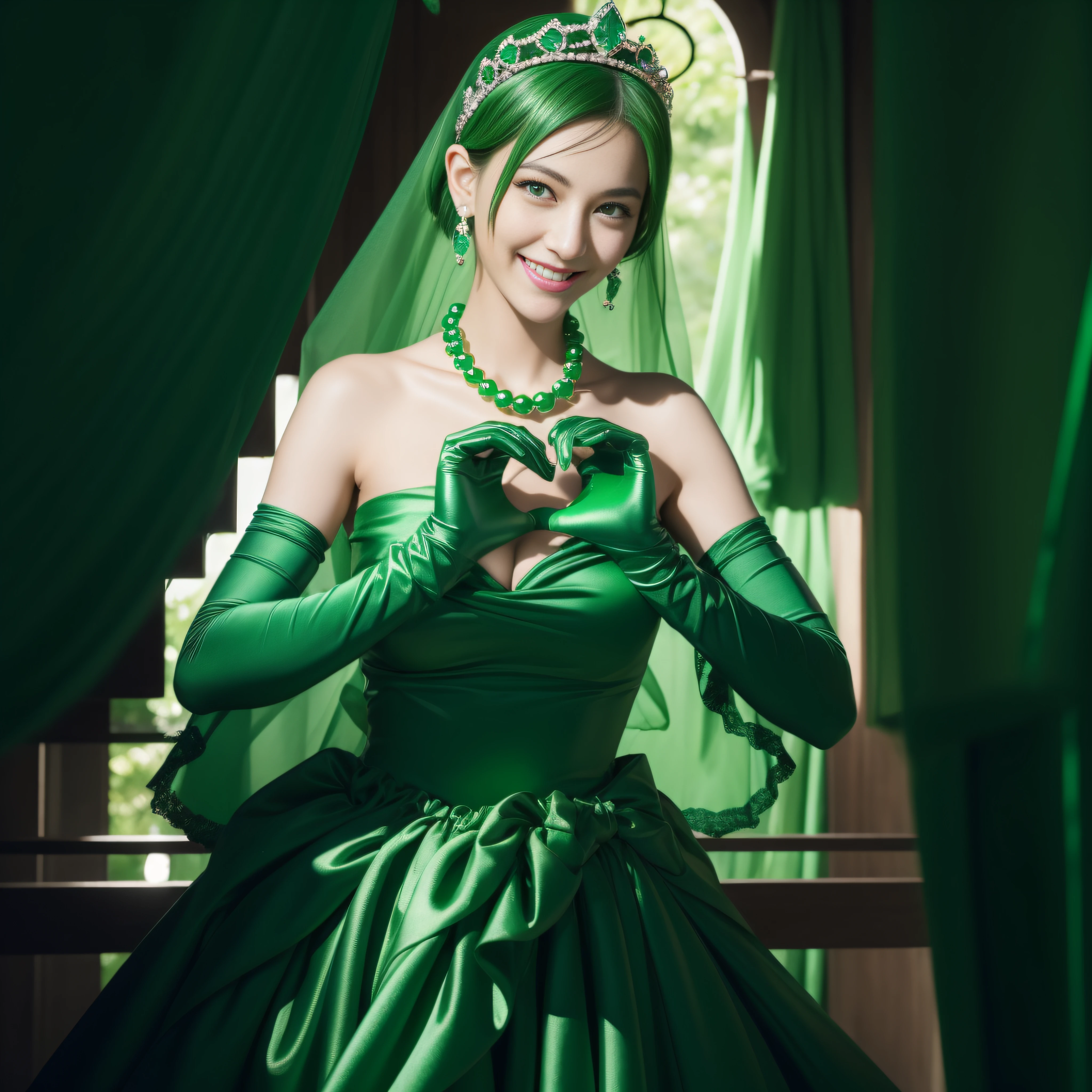 emerald tiara, Green Pearl Necklace, Boyish very short green hair, lipsticks, Japan woman smiling, very short short hair, big breasts beautiful, Green eyes, Long green gloves made of satin material, Green eyes, Emerald Earrings, green vale, Heart with both hands