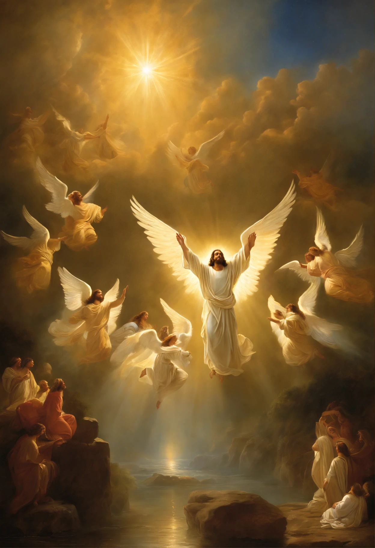 Experience the awe-inspiring moment of Jesus' divine return to Earth, as he gracefully descends from the heavens in a radiant blaze of golden illumination. Surrounding him are a multitude of ethereal angels, their celestial presence accentuated by a harmonious chorus emanating from on high. This breathtaking image, perhaps a masterful painting or a breathtaking photograph, invites viewers into this wondrous scene, captivating them with its impeccable attention to detail and exquisite portrayal of heavenly magnificence.