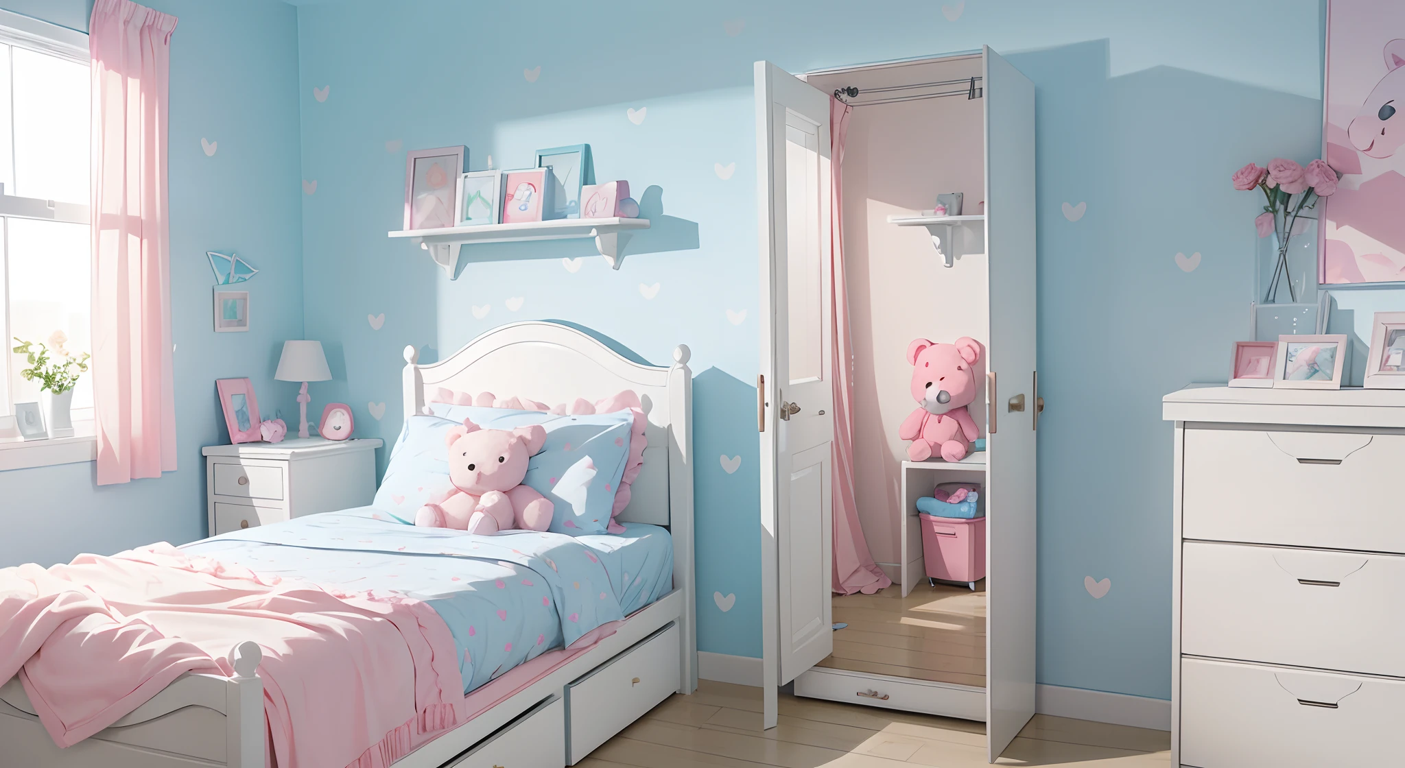 A plain white wall blue contour, close up on wall with dresser and a pink teddy bear, ((white wall background)), white wooden floor