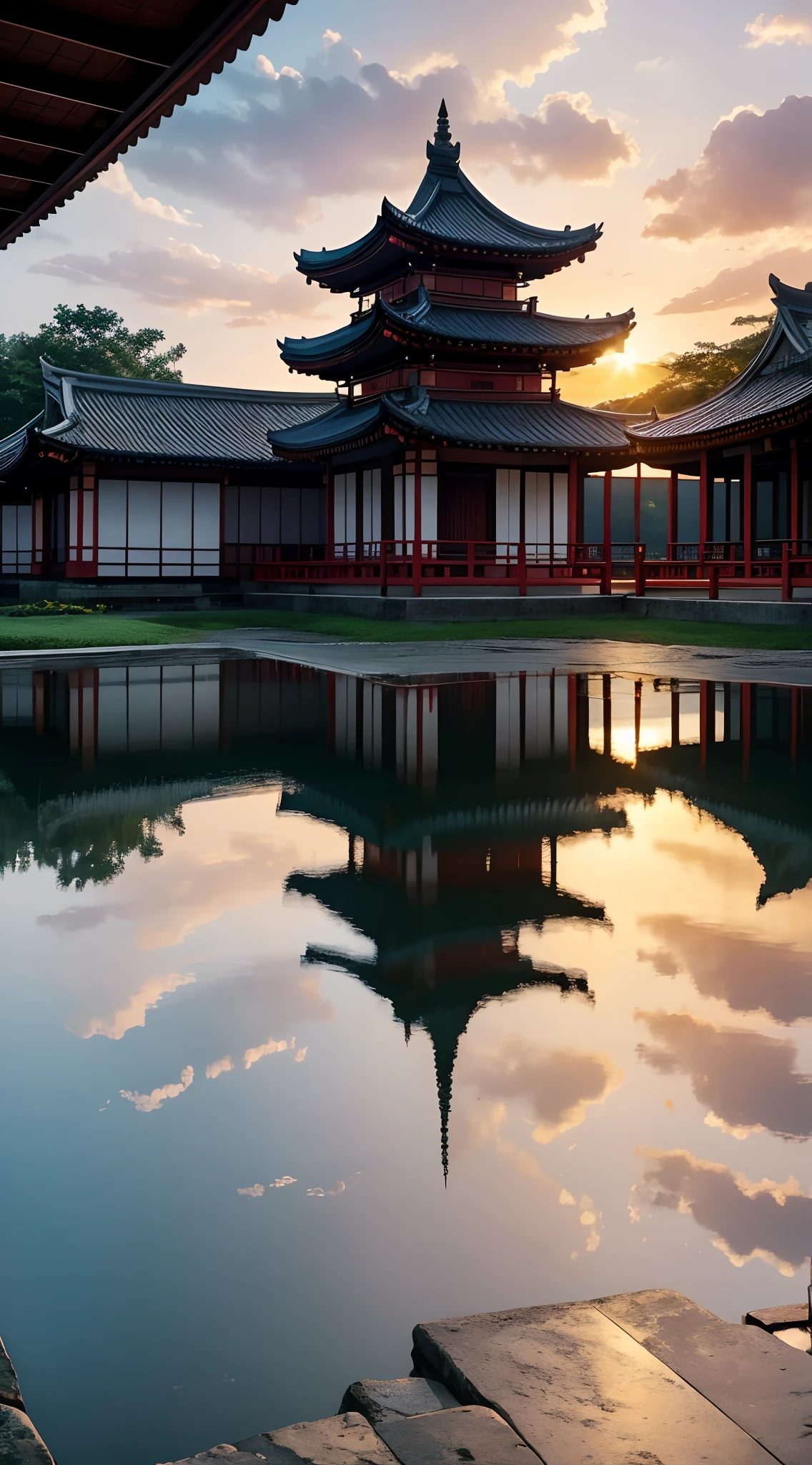 SFW, 1girl, solo focus, pov, very wide shot, landscape, east asian architecture, sunlight, sunrise, floating, cloud, sky, rain, water, full body, outdoors, scenery, depth of field