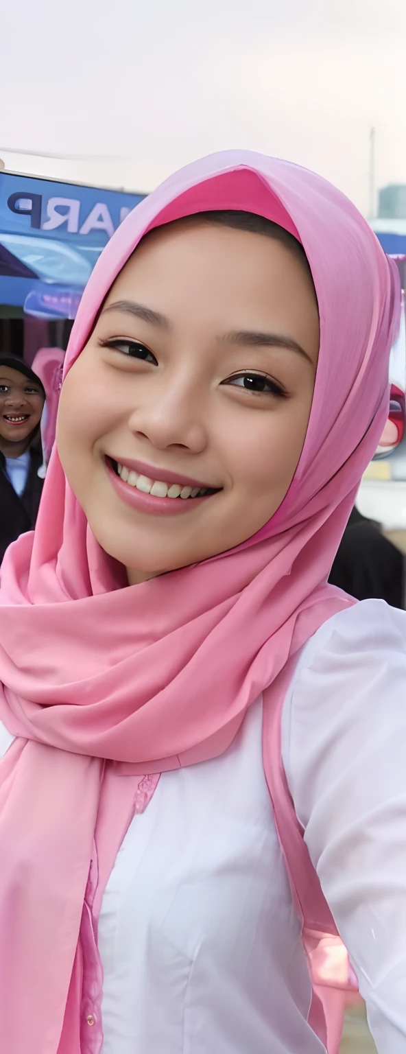 there is a woman wearing a pink scarf and a pink shirt, lovely smile, slight cute smile, with a beautifull smile, charming smile, picture, with kind face, zenra taliyah, she is smiling, sakimi chan, with accurate face, friendly smile, pretty smile, malaysian, friedly smile, warm and gentle smile, cute smile