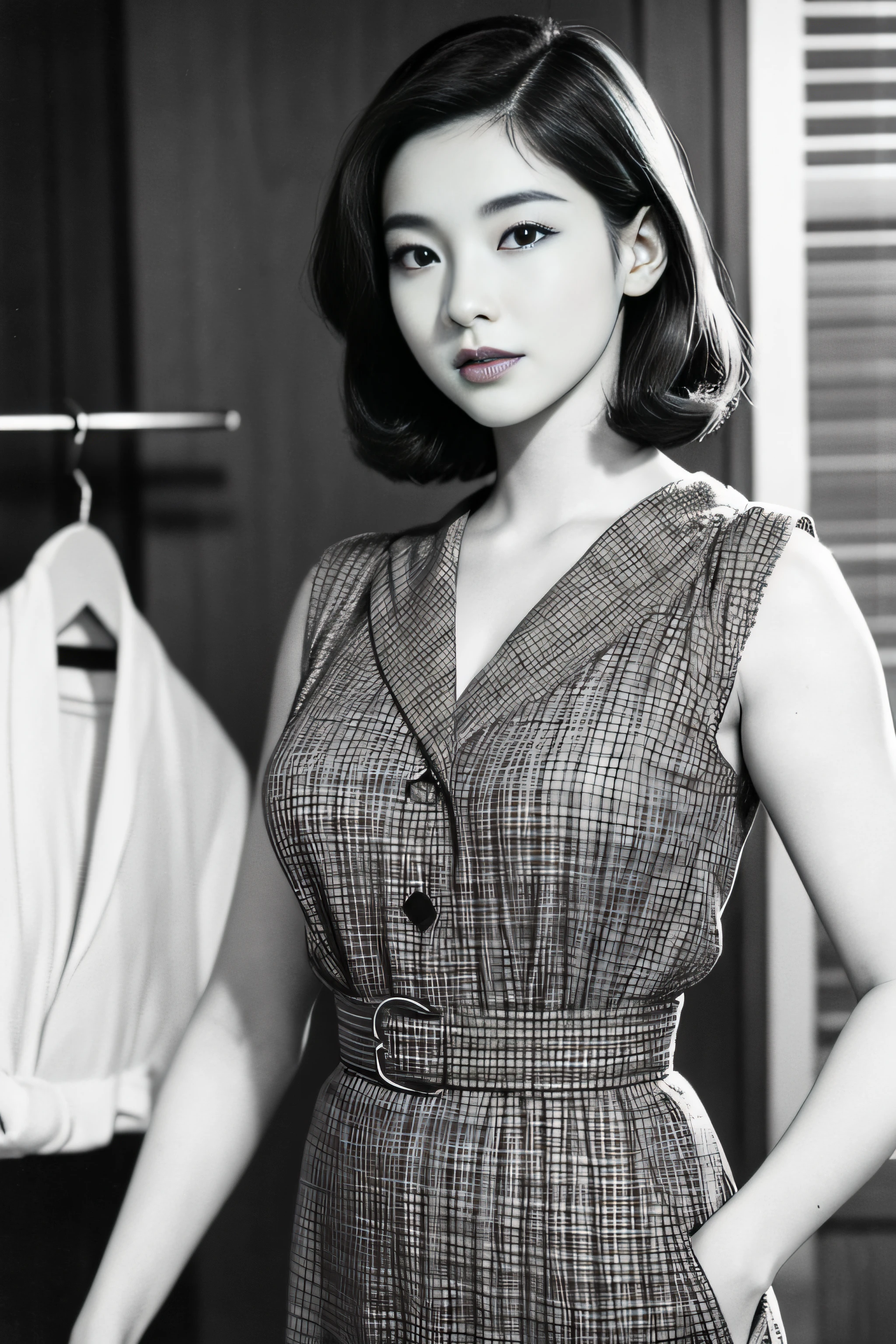 1womanl、(Solo:1.3)、(Super beautiful)、(ultra beautiful faces)、Japan actresses of the 1950s、(Clothes that were popular in the United States in the 1950s)、upperbody shot、(Monochrome photography)