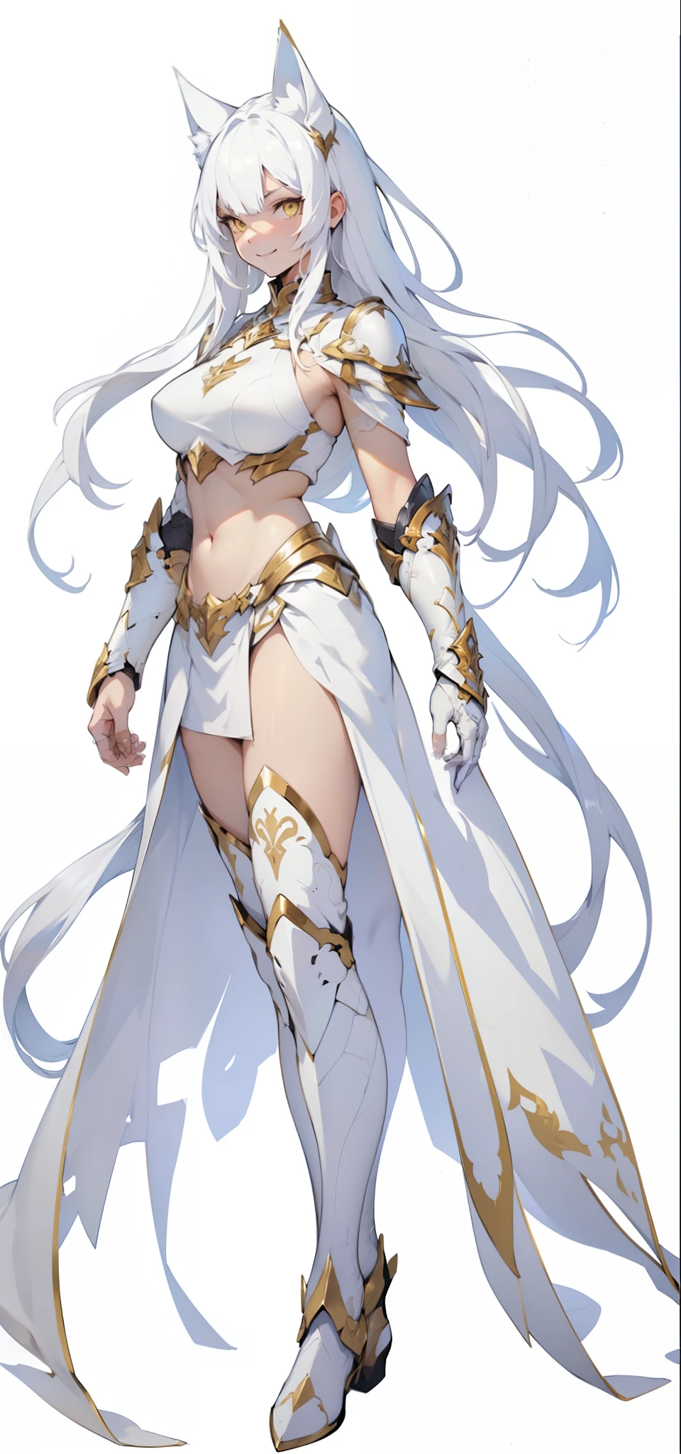 video game character design, reference sheet, matching outfit, (front angles, side angles, rear angles), (white hair, long straight hair, front fringe, yellow eyes, cat ears), smile, relaxed face, white bikini armor, intricate design, 6 and half head full body size, medium breast, paladin ((full body concept, head to toe)), exposed thigh, ((long straight hair)), ((white background)), white and gold armor, white armor boots, white and gold cloth, (((same character, front, side, back))), (white background:1.5), (white cat ears), ((same character: 1.8)), (consistent character:1.8), ((white and gold armor)), exposed stomach, belly button,