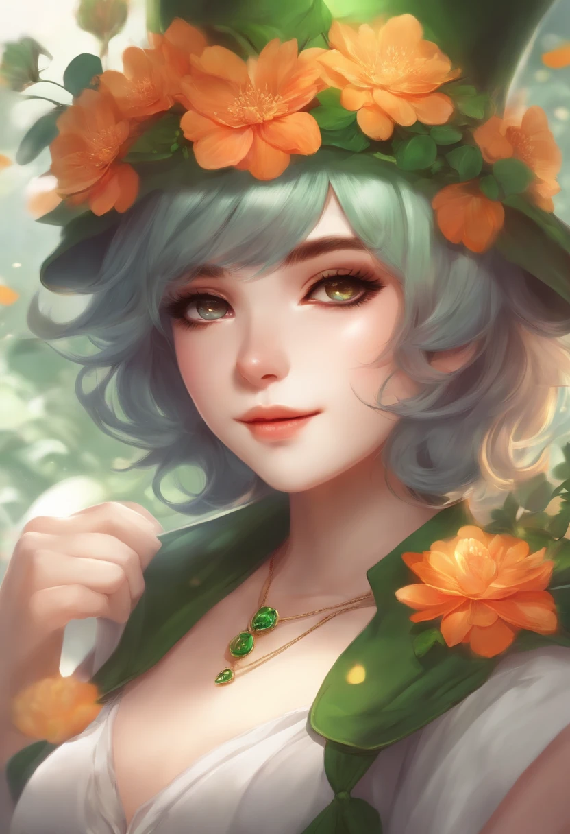 Leprechaun　a beauty girl　colorful flower　short-hair　sleeveless　A sexy　full bodyesbian　animesque