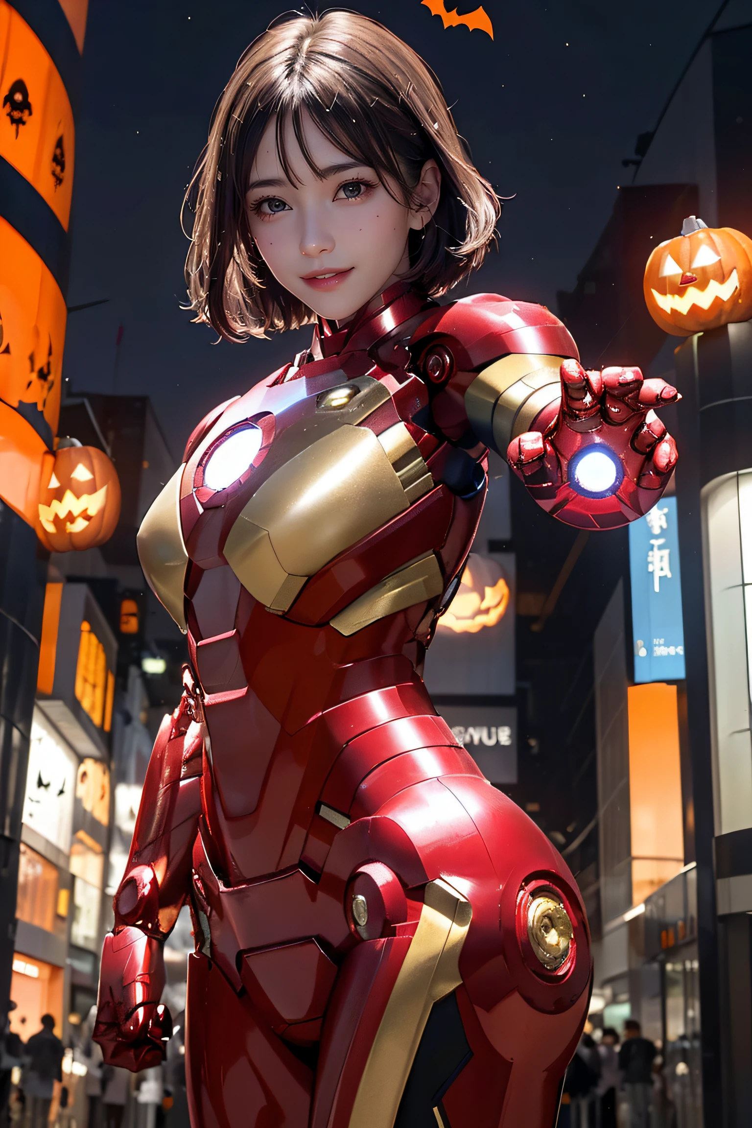 masterpiece, top-quality, top-quality, Beautifully Aesthetic:1.2, 1girl, Halloween night, ((Wearing a high-quality Ironman suit):1.2), high detailed, (Standing with Selfie pose that reaching out:1.3), large breasts, firm breast, nicely shaped breasts, slender figure, 
((Dark Brown Hair)), wavy hair, ((short hair:1.2)), 
BREAK 
((in A modern street of decorated for Halloween in Shibuya at late night:1.3)), (Upper body shot:1.1), (From below:1.3), (Focus on face:1.1), ((looking at viewer:1.2)),