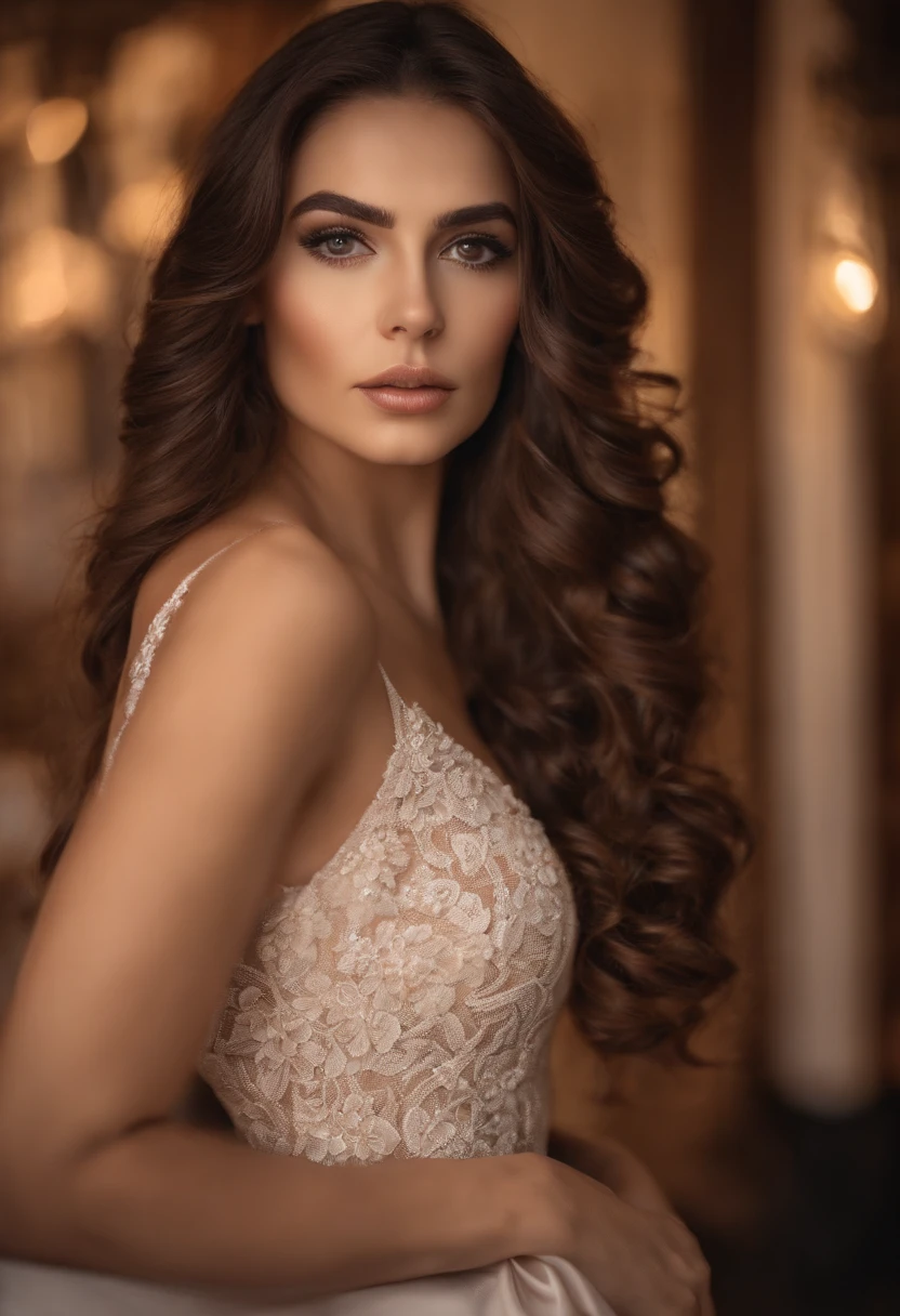 Arafed mujer con vestido lencero, brown eyes, portrait by Léanne Ansar, long curly brown hair, desordenado y ojos grandes, selfie de una mujer joven, Ojos del dormitorio, MARTA SIERRA, sin maquillaje, Maquillaje natural, cara con artgram, maquillaje sutil, Impresionante foto de cuerpo completo, en un restaurante, comer