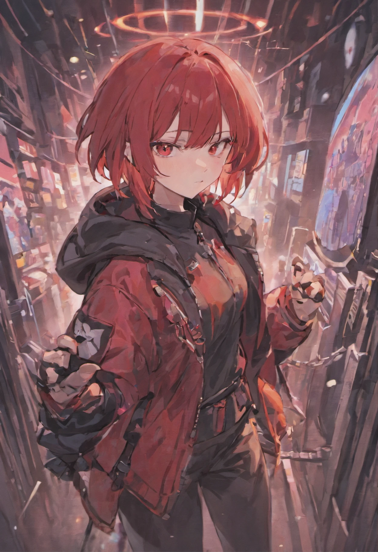 Two-dimensional female anime characters,Short crimson hair,red pupils,Dark red leather jacket,A pair of black fingerless gloves,Black tactical belt