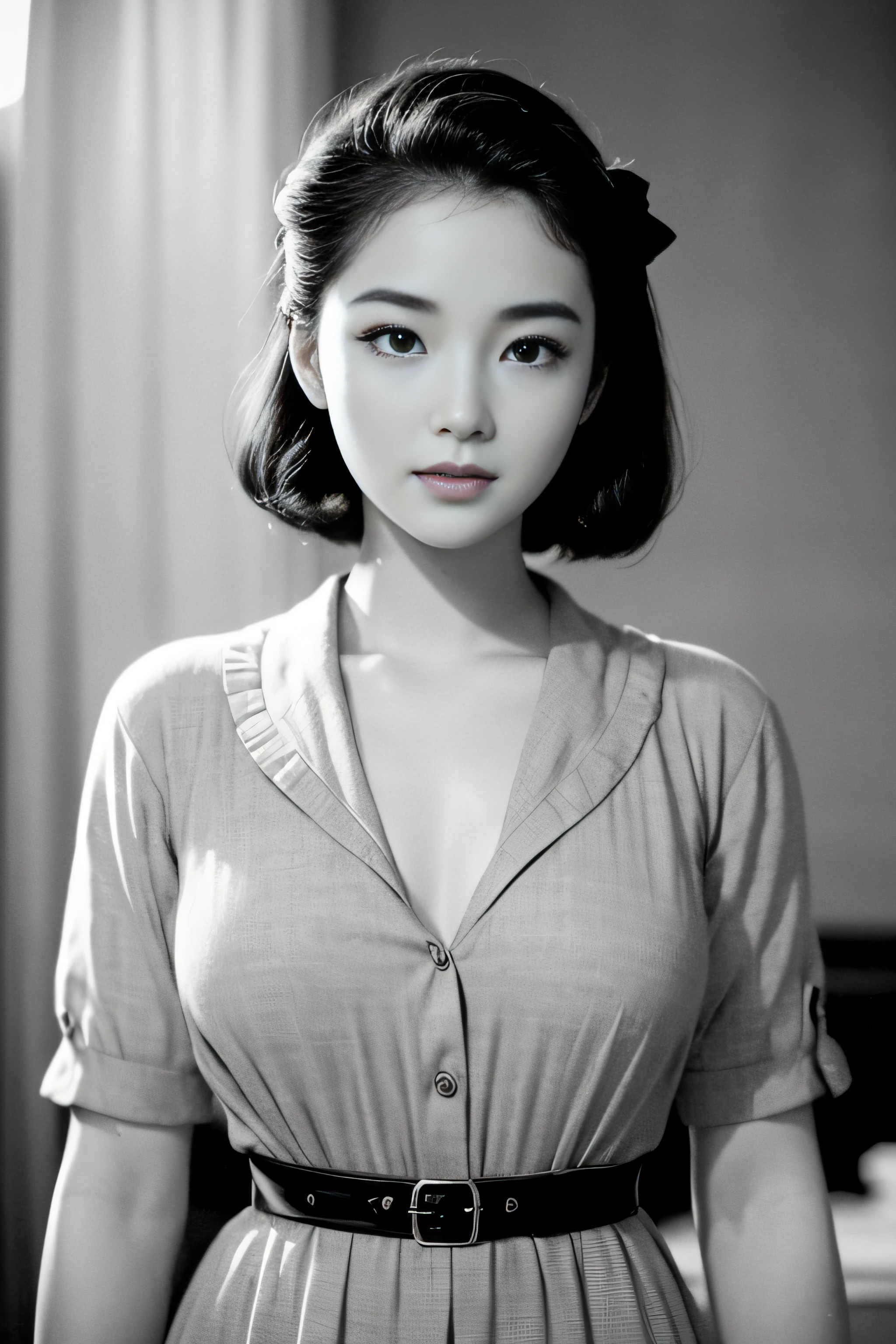 1womanl、(Solo:1.3)、(Super beautiful)、(ultra beautiful faces)、Japan actresses of the 1950s、(Clothes that were popular in the United States in the 1950s)、upperbody shot、(Monochrome photography)