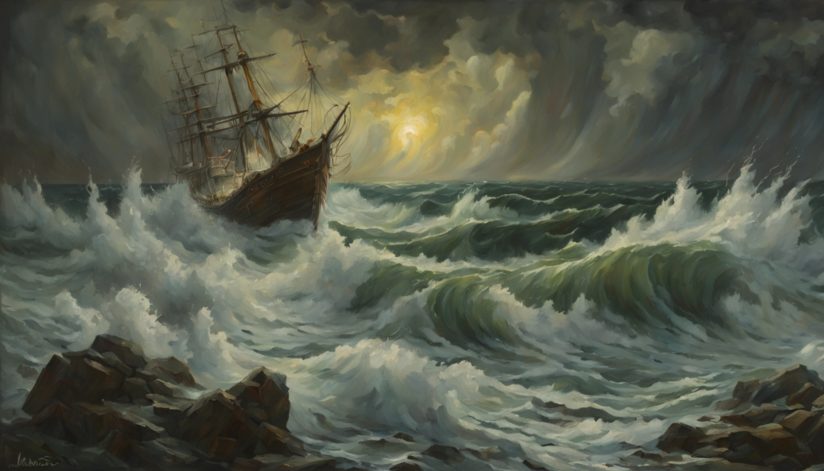 A detailed oil painting of an old sea captain, Guiding your ship through a storm. The salt water is splashing against your worn face, Determination in your eyes. Swirling malevolent clouds are seen above and stern waves threaten to submerge the ship as seagulls swoop and swirl across the chaotic landscape. Thunder and lights board in the distance, iluminando a cena com um brilho verde sinistro.