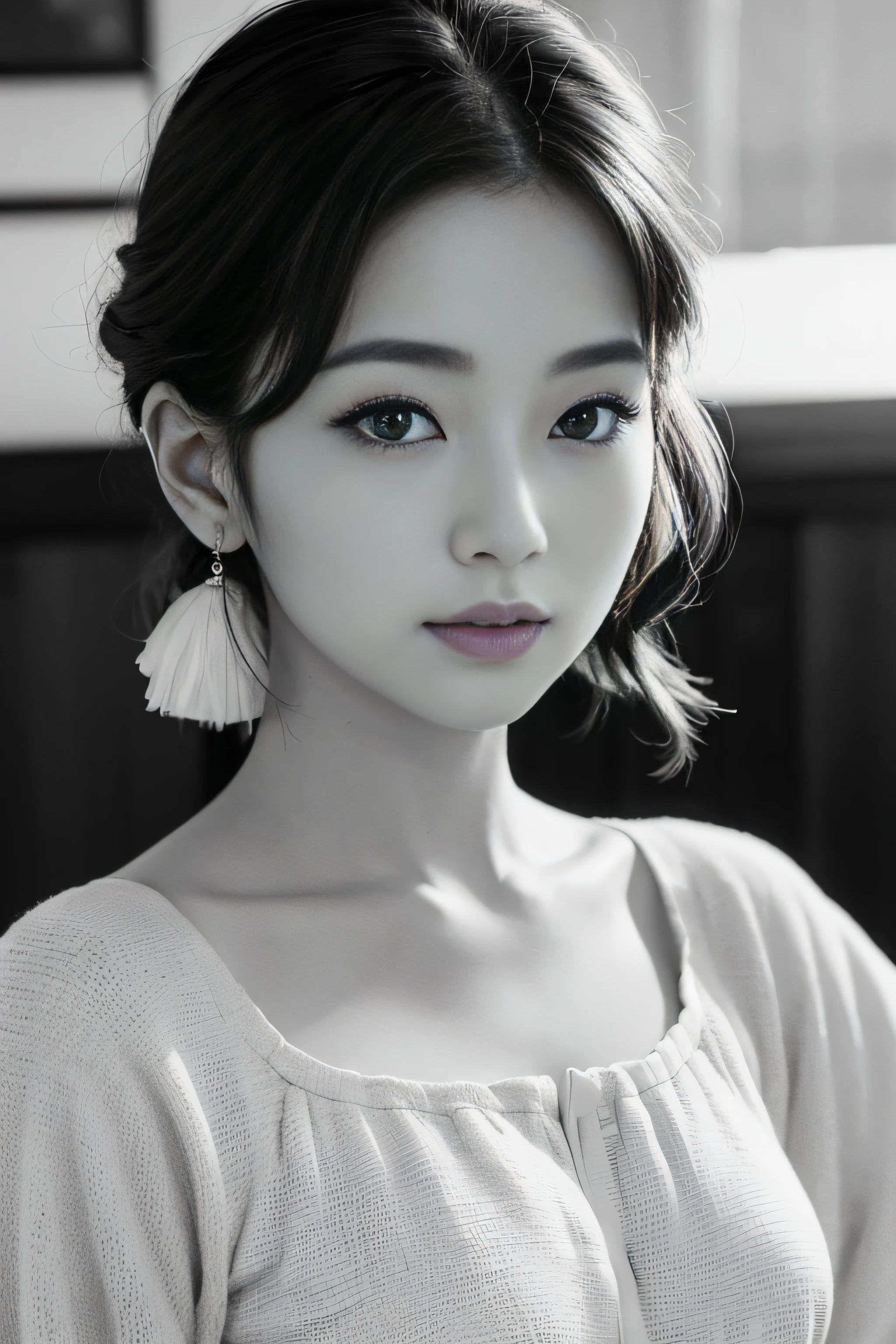 1womanl、(Solo:1.3)、(Super beautiful)、(ultra beautiful faces)、Japan actresses of the 1950s、(Clothes that were popular in the United States in the 1950s)、upperbody shot、(Monochrome photography)
