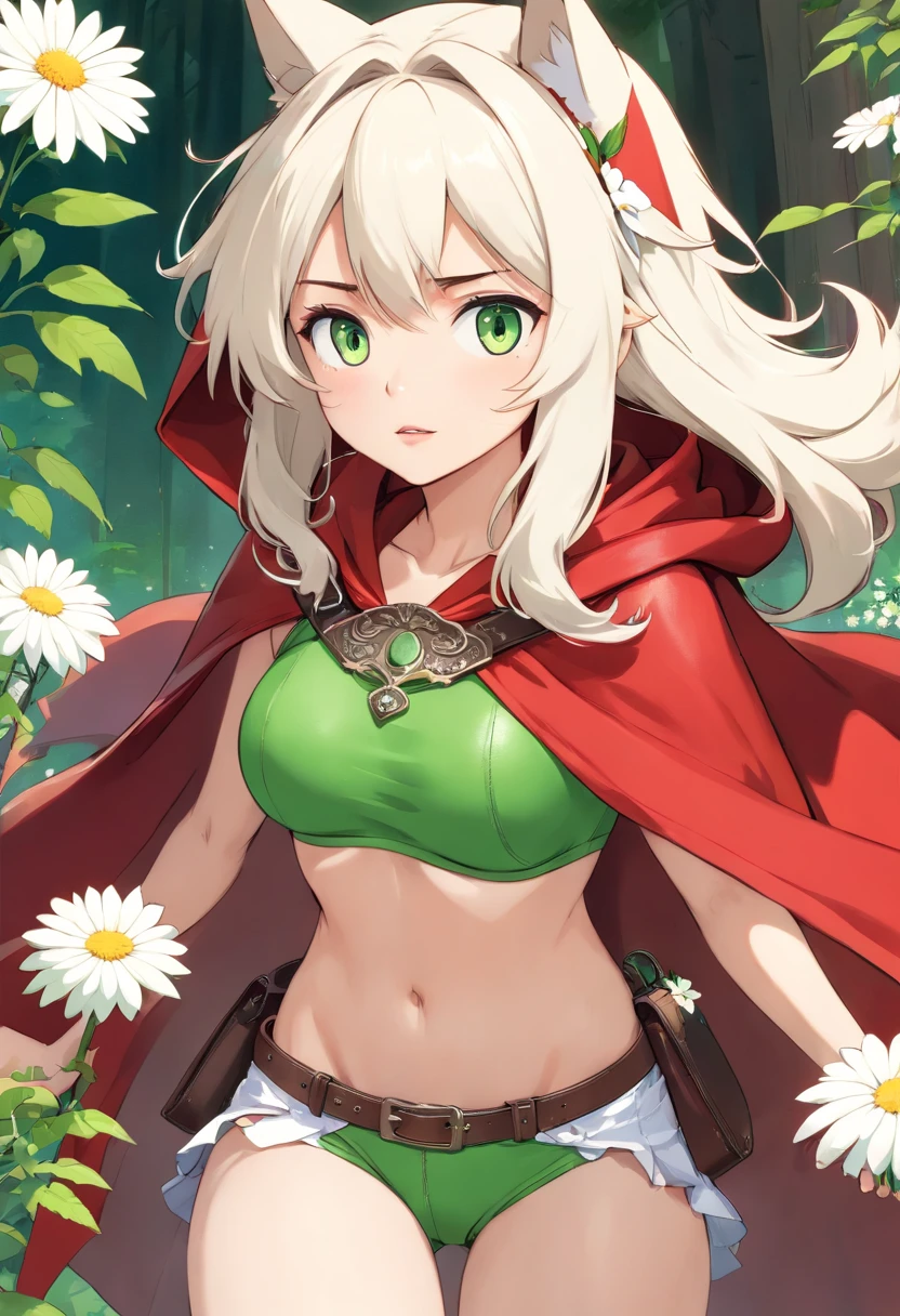 ((Redstone's Beast Tamer、Wear a red cloak, Wearing a red hood, Fully round eyelids, White flower hair ornament, Green Bikini, Leather shorts, Belt bag, green colored eyes, Light brown long hair、Wavy Hair, Smaller chest:1.1)) , jrpg character art、(masutepiece, Best Quality, 8K、A detailed face:1.1)