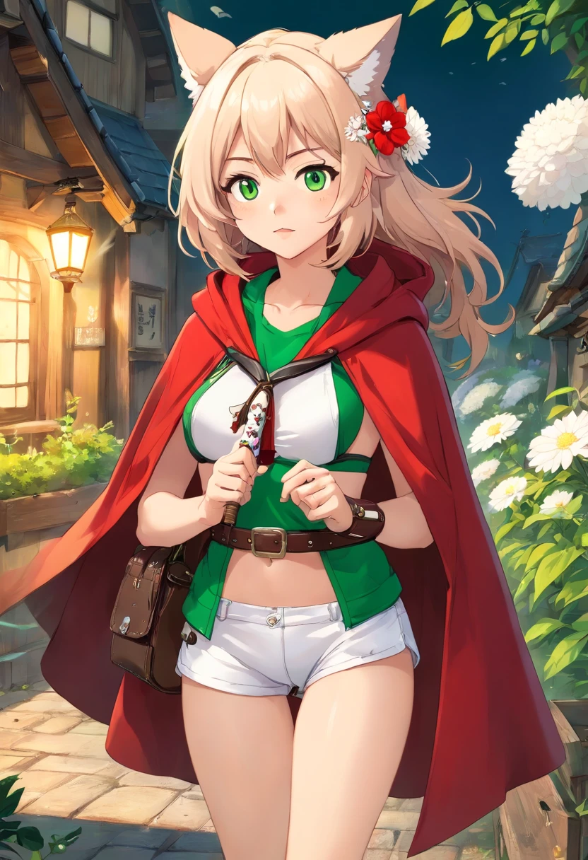 (masutepiece, Best Quality, 8K:1.37),  ((teens girl, Wear a red cloak, Wearing a red hood, White flower hair ornament, Green , Leather shorts, Belt bag, round green eyes, Light brown medium hair:1.4)), ((Follow the Big Red Wolf)),  1 girl, Wavy Hair, (Smaller ) Same as, ((Have a wooden flute:1.3)), jrpg character art,Extreme close-up