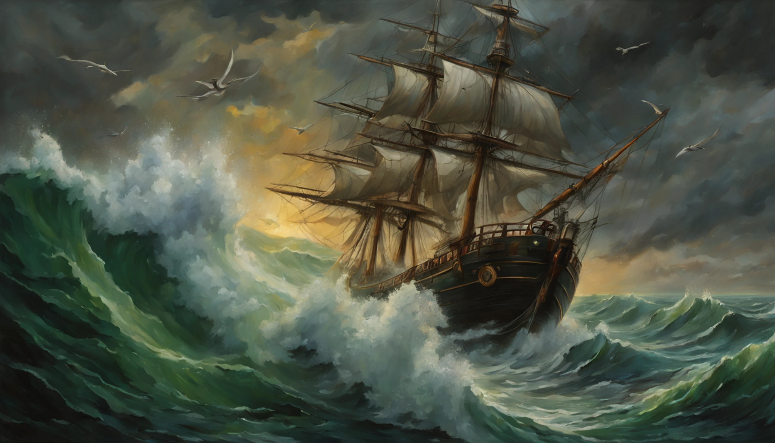 A detailed oil painting of an old sea captain, Guiding your ship through a storm. The salt water is splashing against your worn face, Determination in your eyes. Swirling malevolent clouds are seen above and stern waves threaten to submerge the ship as seagulls swoop and swirl across the chaotic landscape. Thunder and lights board in the distance, iluminando a cena com um brilho verde sinistro.