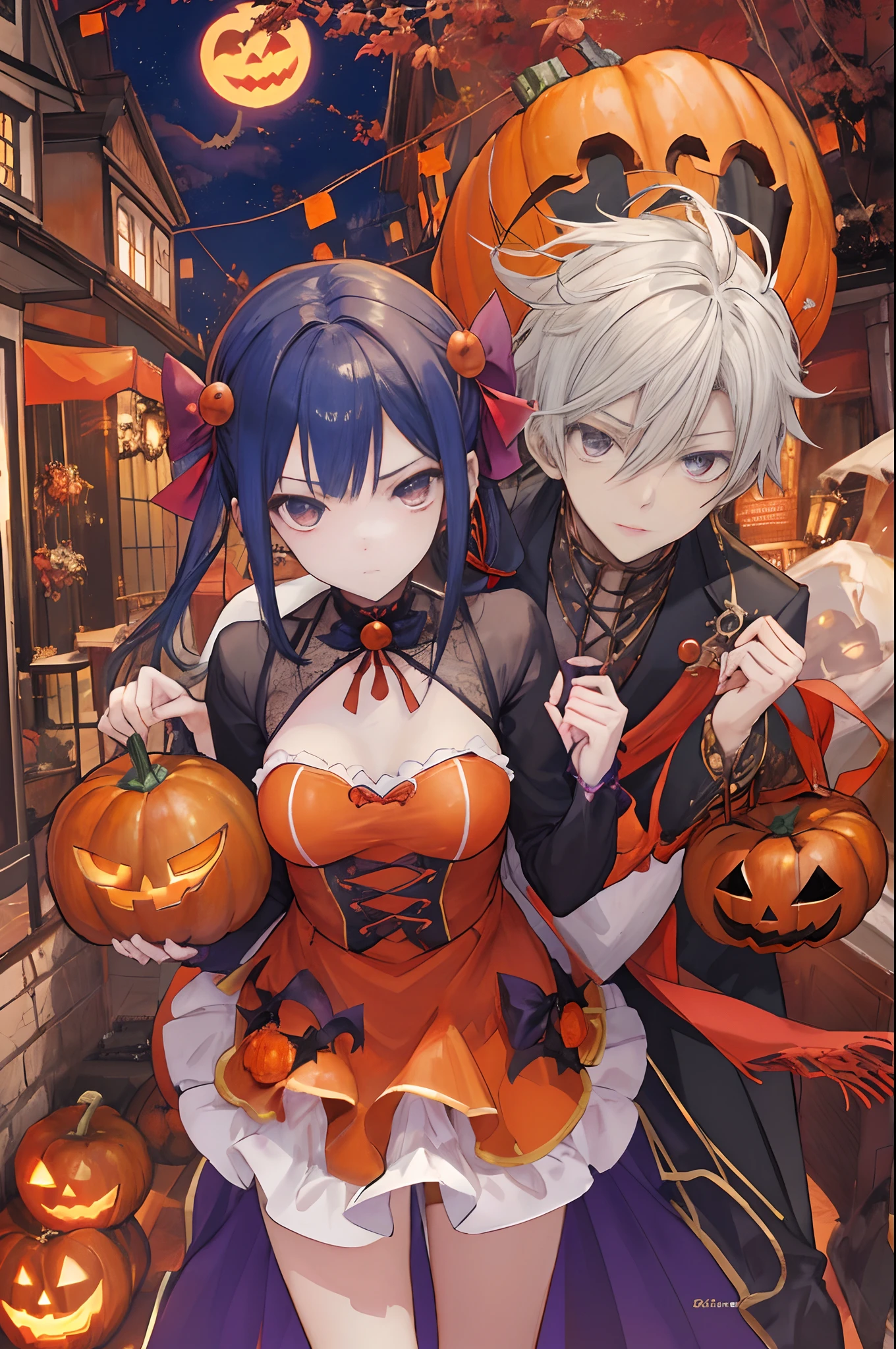 A couple during halloween, romantic atmosphere, happy atmosphere, landscape