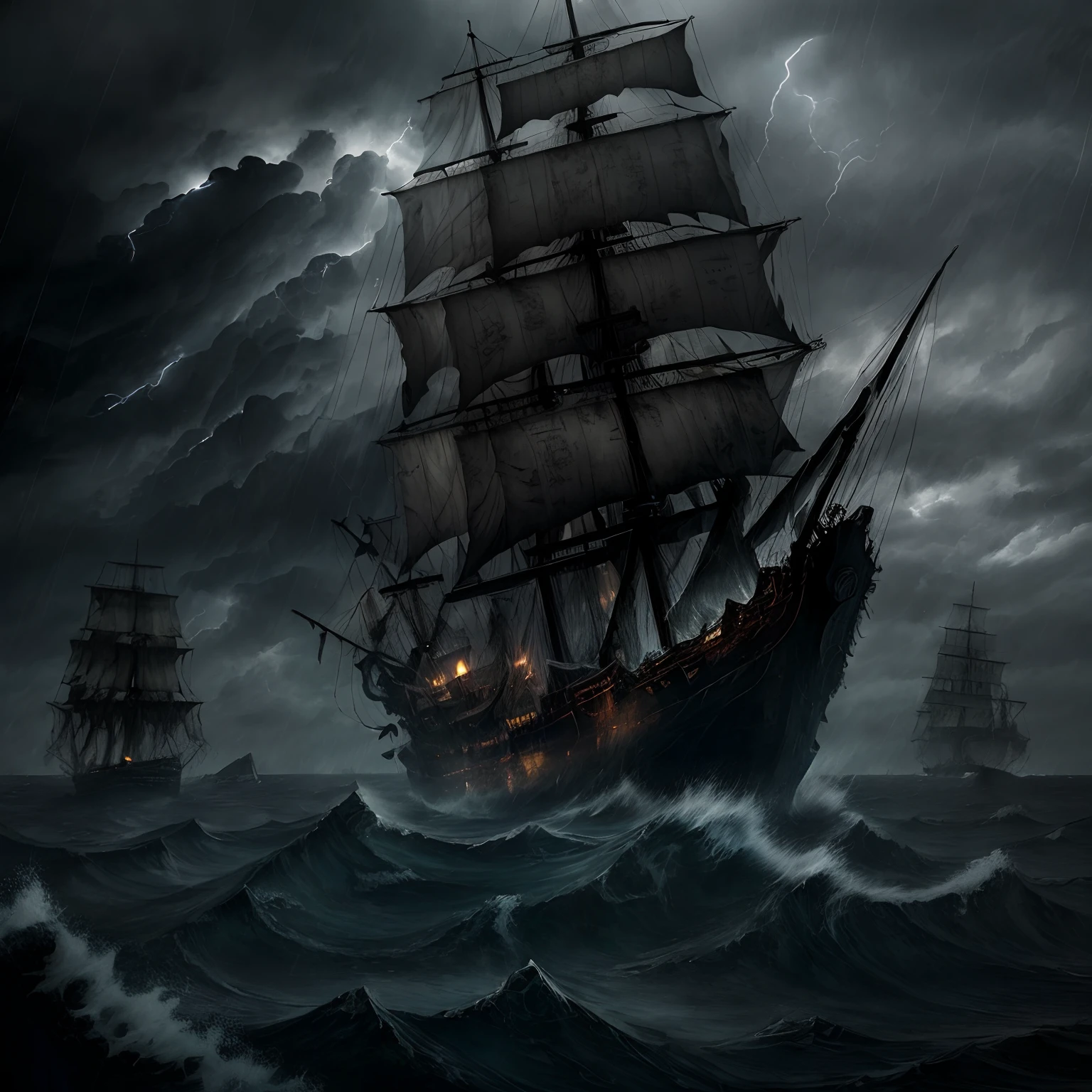 masterpiece、hightquality、Landscape painting、Detailed landscape painting、Very dark sky、Thick black clouds、In the darkness、a dark night、Wide ocean、Ōlan、Detailed heavy rain、Detailed raindrops、Thick violent thunder、Detailed lightning、The sea is very intense and rough、Very large waves、Ship cemetery、Zombie Ship、Bone Ship、A decaying ghost ship wandering through a thunderstorm、The sails are tattered and hanging、Rotten sails、Torn sails、Torn sails、Perforated sail、Broken mast、Tattered mast、Tattered hull、There are holes in some places、The hull is rotting、Detailed battered ghost ship、A crumbling ghost ship、Black Ghost Ship、The ghost ship is heavily tilted、Black fog around the ghost ship、Black aura、Island in the distance々Looks、longshot、Faraway view