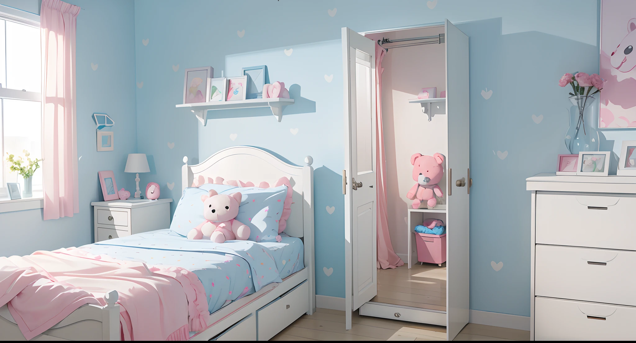 A plain white wall blue contour, close up on wall with dresser and a pink teddy bear, ((white wall background)), white wooden floor