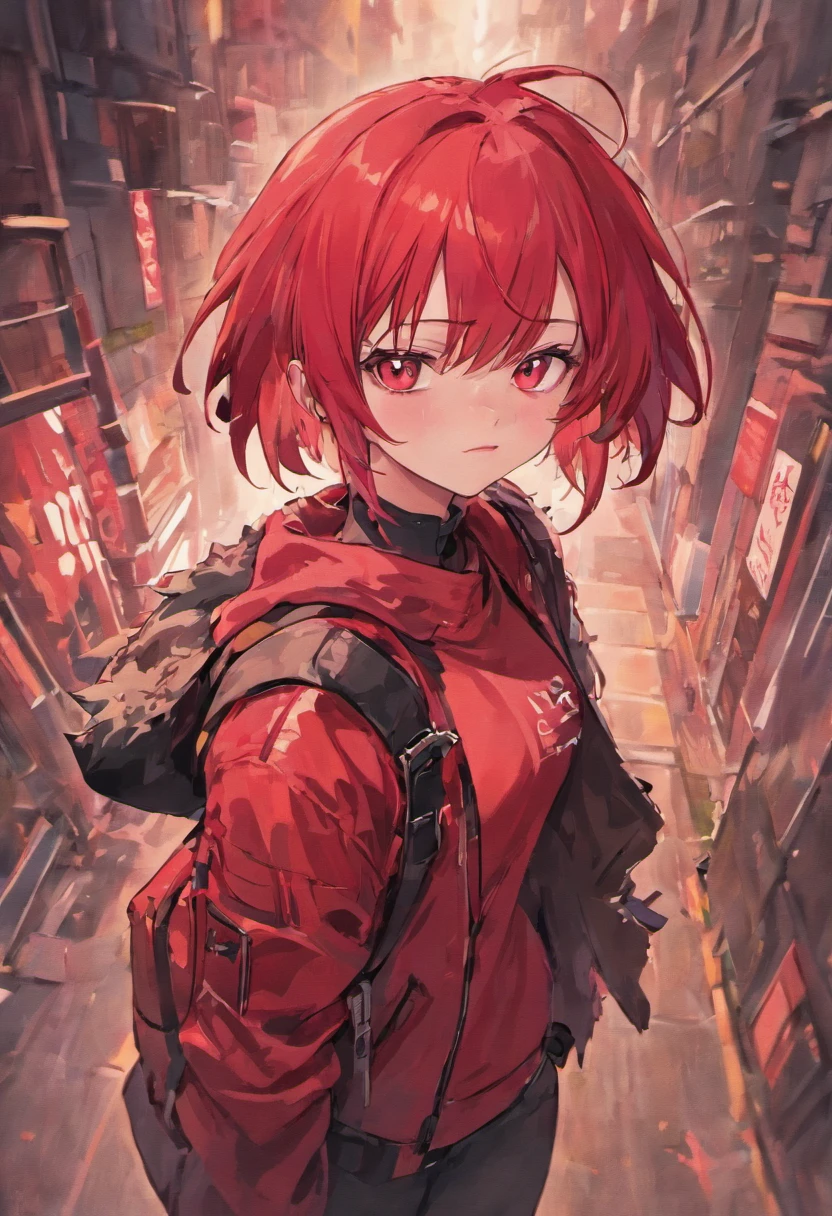 Two-dimensional female anime characters，Short crimson hair，red pupils，Dark red leather jacket，A pair of black fingerless gloves，Black tactical belt