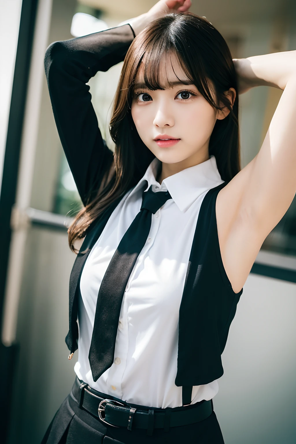 (masutepiece:1.2),High quality,vivd colour,flat-colors,Deep Depth Of Field,Lens Flare,1 girl,Black hair,eyecontact,Suit,Collared shirt,Belt bag,suspenders,Professional,Office Lady, Women,Black Suit,Black jacket,Gaze,ample bosom,t sweat,Exposing the armpits"Pichi Pichi clothes