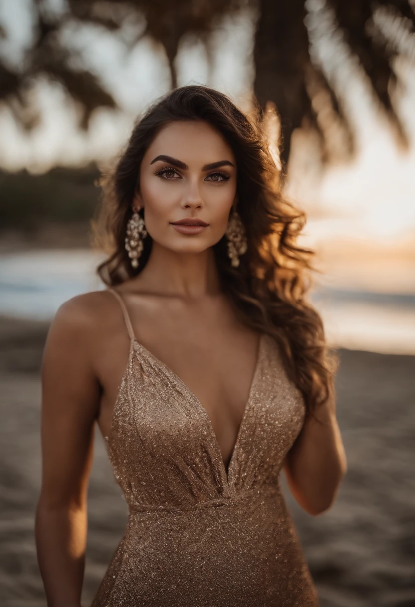 Arafed mujer con vestido lencero, brown eyes, portrait by Léanne Ansar, long curly brown hair, desordenado y ojos grandes, selfie de una mujer joven, Ojos del dormitorio, MARTA SIERRA, sin maquillaje, Maquillaje natural, cara con artgram, maquillaje sutil, Impresionante foto de cuerpo completo, en la playa