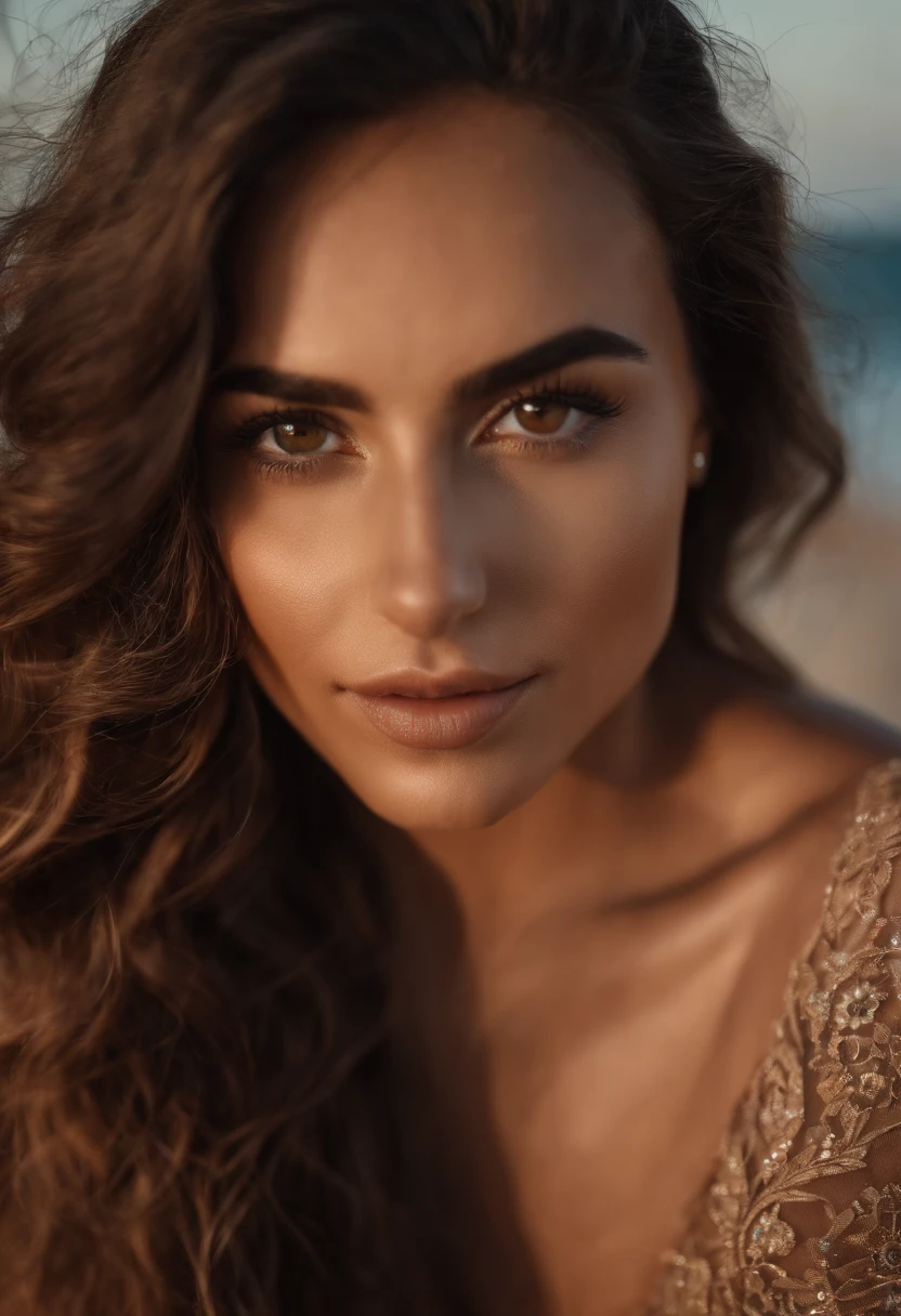Arafed mujer con vestido lencero, brown eyes, portrait by Léanne Ansar, long curly brown hair, desordenado y ojos grandes, selfie de una mujer joven, Ojos del dormitorio, MARTA SIERRA, sin maquillaje, Maquillaje natural, cara con artgram, maquillaje sutil, Impresionante foto de cuerpo completo, en la playa