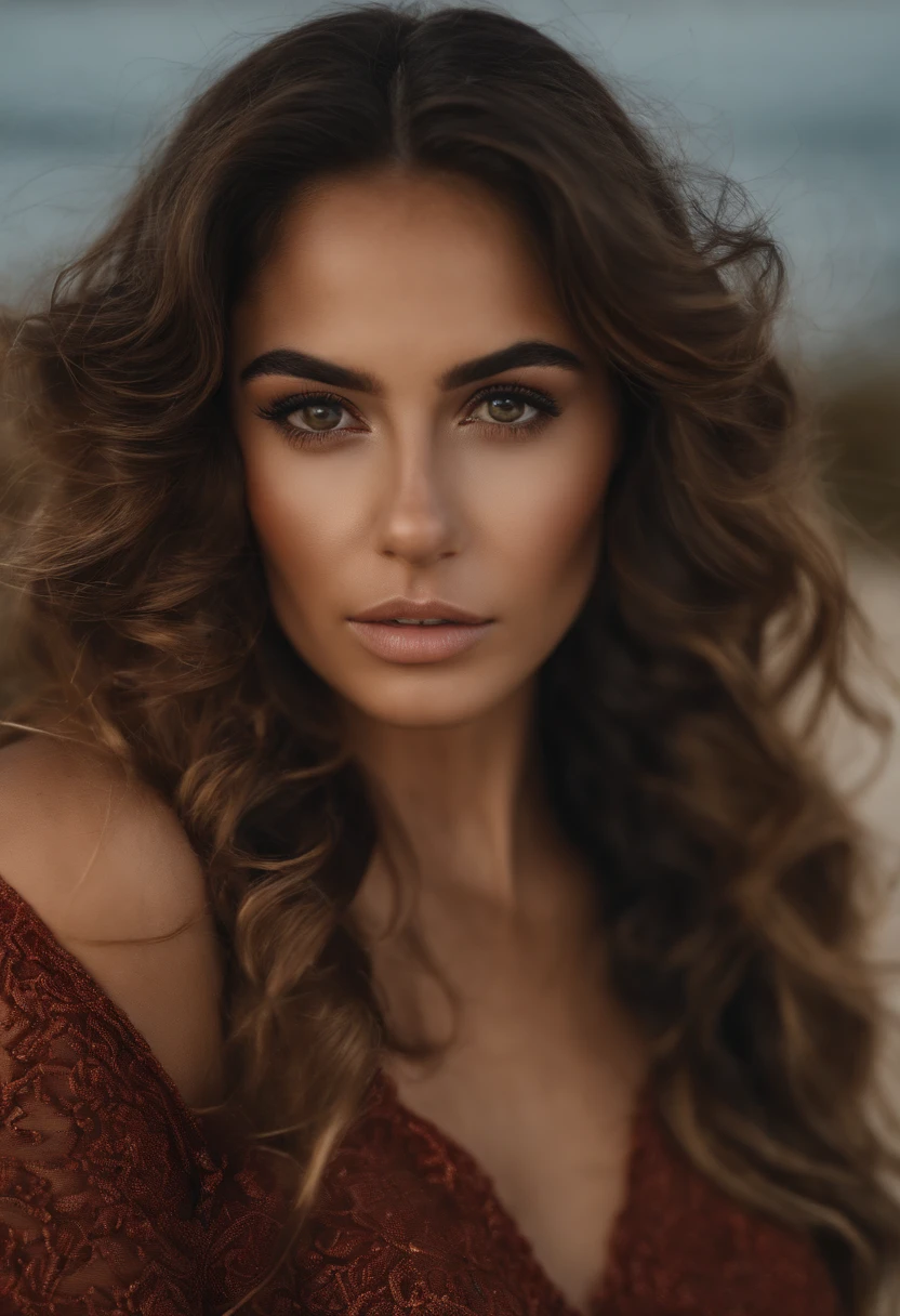 Arafed mujer con vestido lencero, brown eyes, portrait by Léanne Ansar, long curly brown hair, desordenado y ojos grandes, selfie de una mujer joven, Ojos del dormitorio, MARTA SIERRA, sin maquillaje, Maquillaje natural, cara con artgram, maquillaje sutil, Impresionante foto de cuerpo completo, en la playa