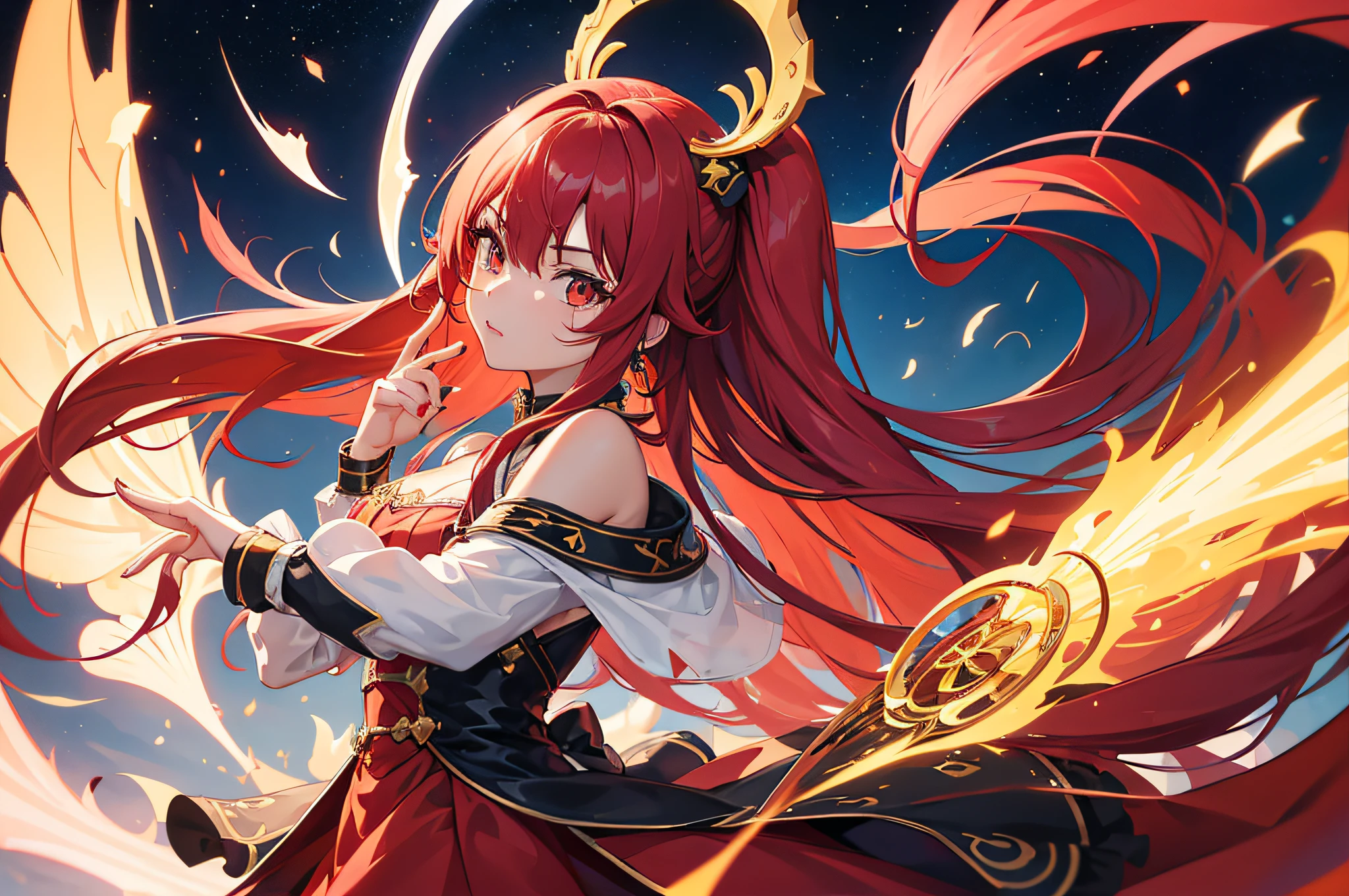 1girl, red Long hair, estilo de anime, Sparkling Eyes, cabello ondulado, ruboroso, senos moderados, guerrera de fantasia, armadura sexy, escote bajo, pose sexy, Escasamente vestido, The best quality, Ultra detallado, (Manos perfectas, ojos bien definidos, Perfect anatomy), Cara detallada, retrato, Logotipo de un personaje chibi, cabezon, tierno, pincel, posando a lo largo de la pantalla