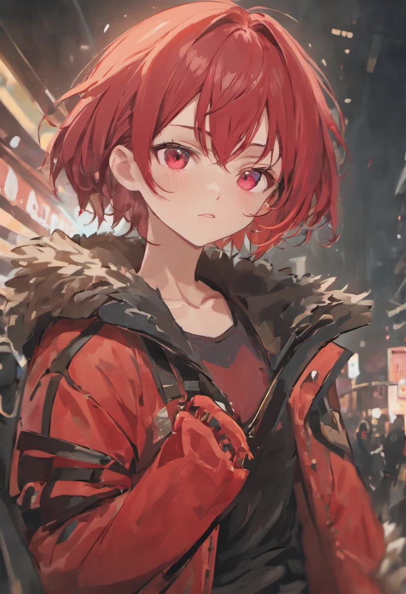 (best quality,4k,8k,highres,masterpiece:1.2), ultra-detailed, (realistic,photorealistic,photo-realistic:1.37), portraits, anime, vivid colors, sharp focus, girl with crimson short hair, expressive red eyes, wearing a deep red leather jacket, black fingerless gloves, and a black tactical belt