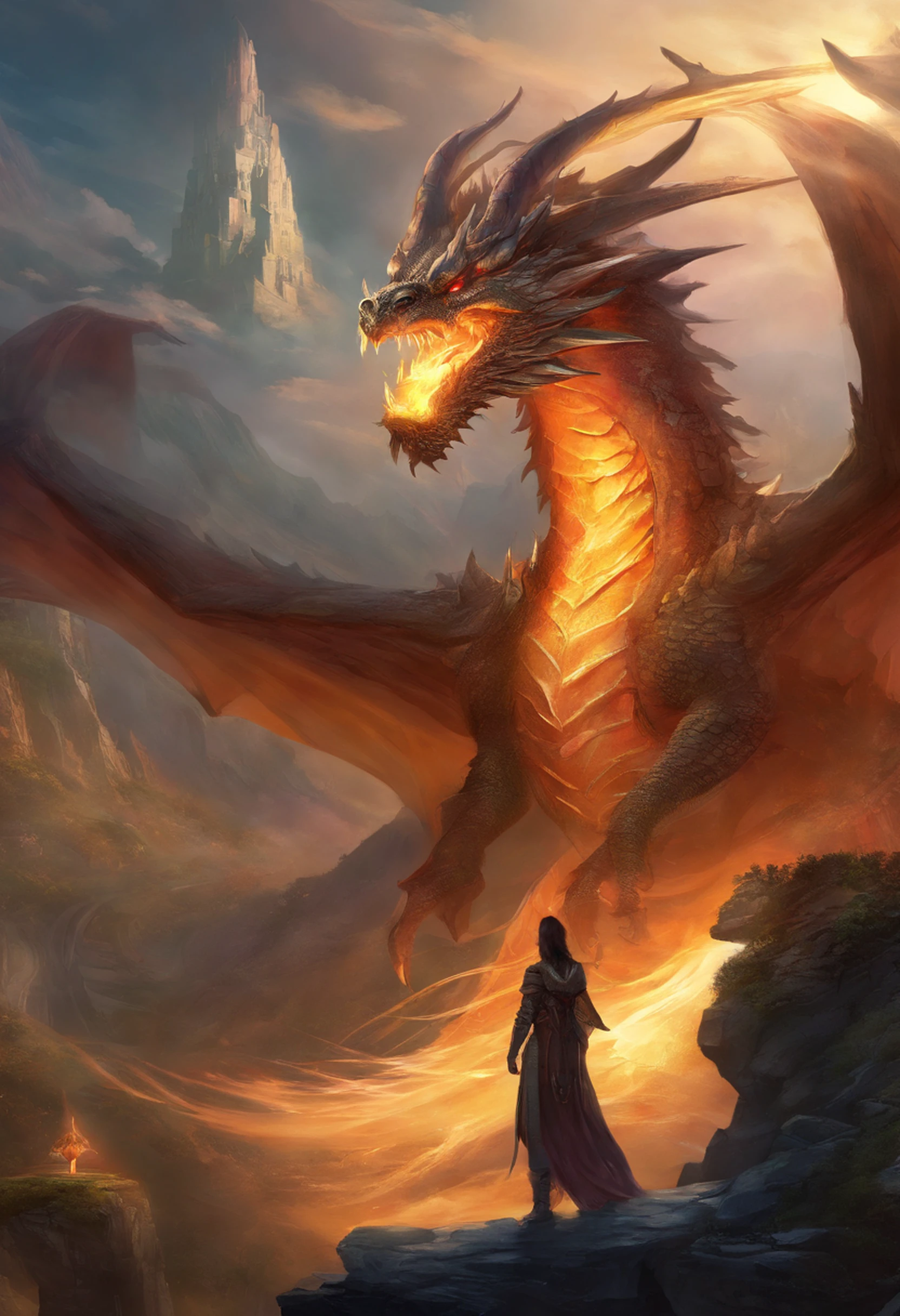 There is a big dragon with a huge head and a huge body, epic fantasy card game art, highly detailed fantasy art, detailed digital 2d fantasy art, epic fantasy artwork, detailed fantasy art, epic fantasty card game art, Dungeons&Dragons Fantasy Art, hyperrealistic d & d fantasy art, symmetrical spectacular fantasy art, cyborg dragon portrait