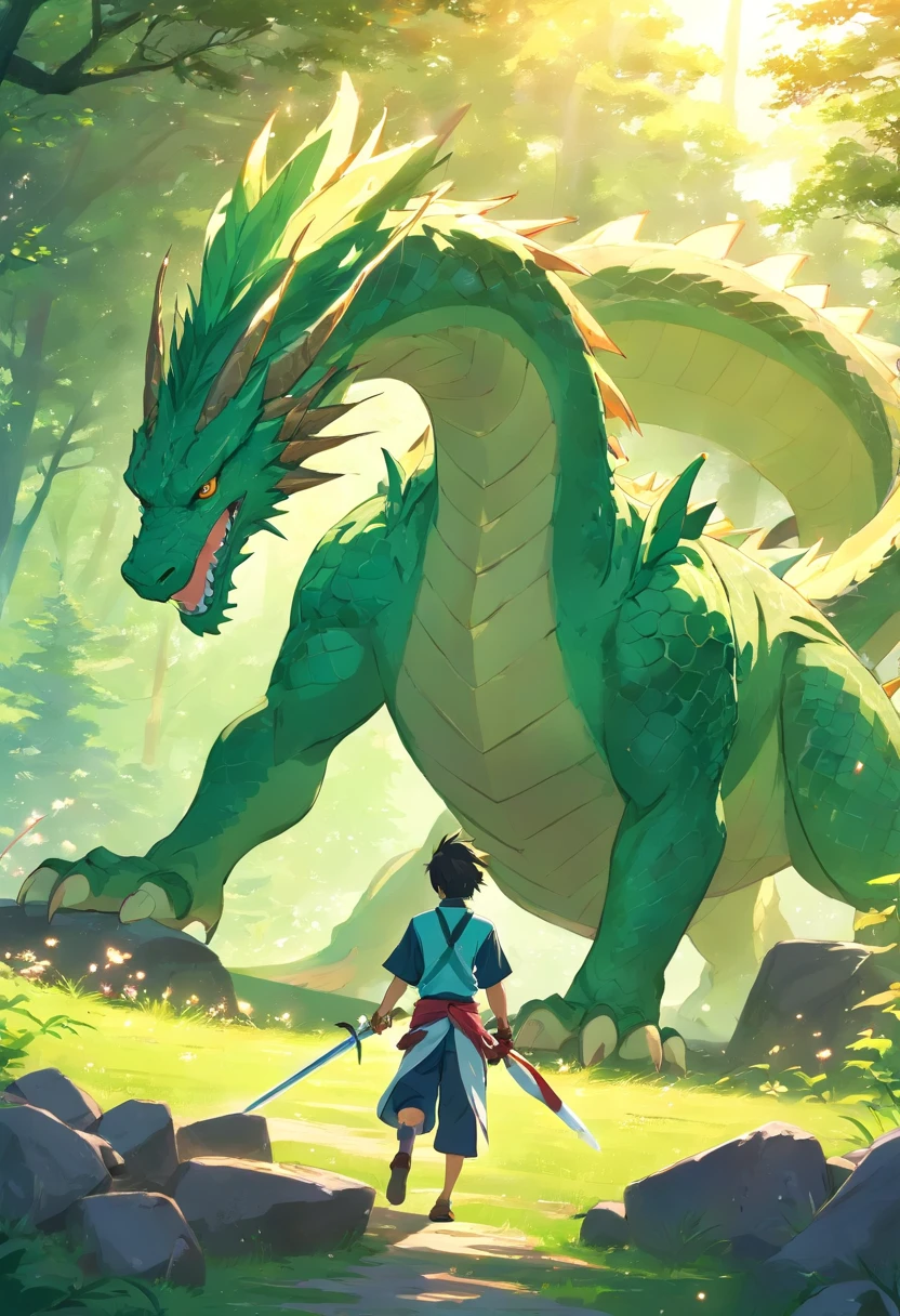 Male character carrying a sword fighting a dragon,The image must be generated from behind the character so that you can see his entire body and in front of him the dragon, The green dragon with some scars, o personagem utilizando de uma roupa leve estilo roupas orientais antigas com seu cabelo grande solto, The environment consists of a lawn and stones