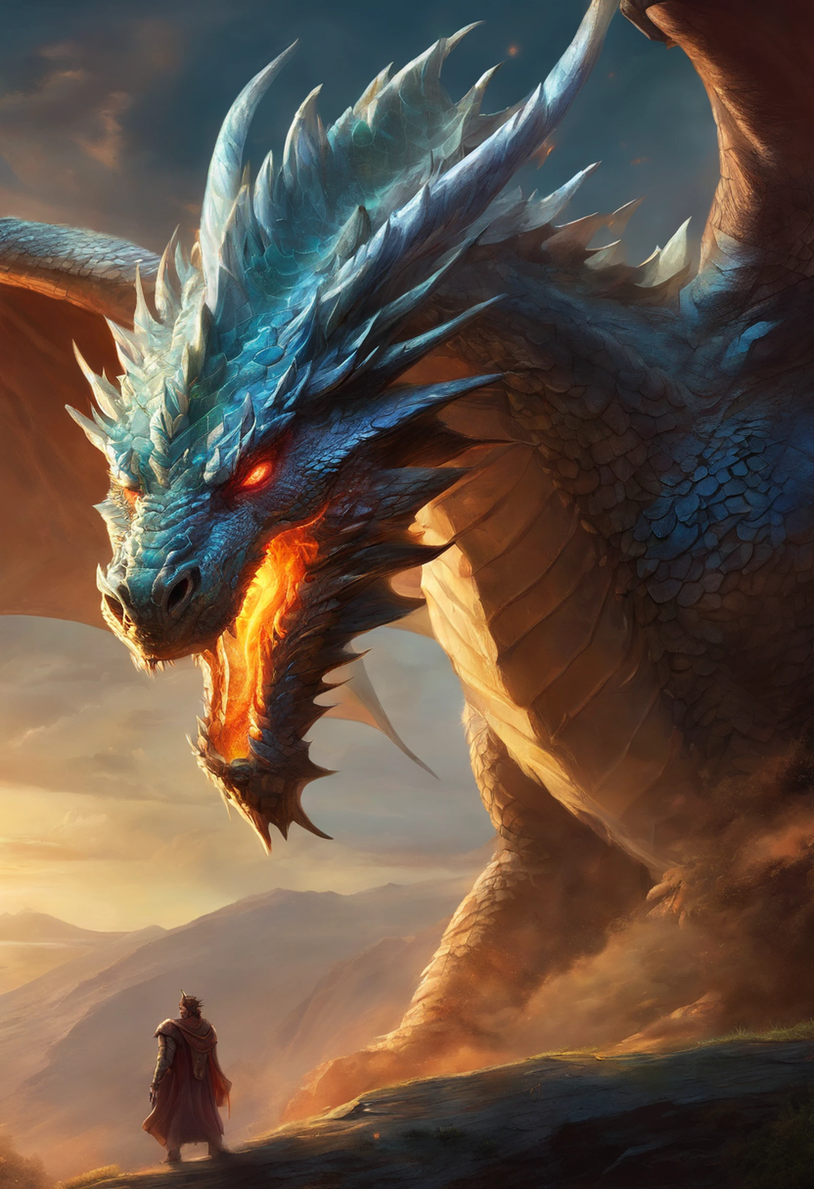 A very detailed painting, Breathes a breath of flame from its mouth, Depicts a man have a weapon on a hill gazing at a giant alien dragon flame breath, author:Shinkai Makoto, By Art Jem, From Wlop, author:Greg Rutkowski, Volumetric Lighting, Octane Rendering, 4K resolution, Popular on artstation, masterpiece ,wind magic