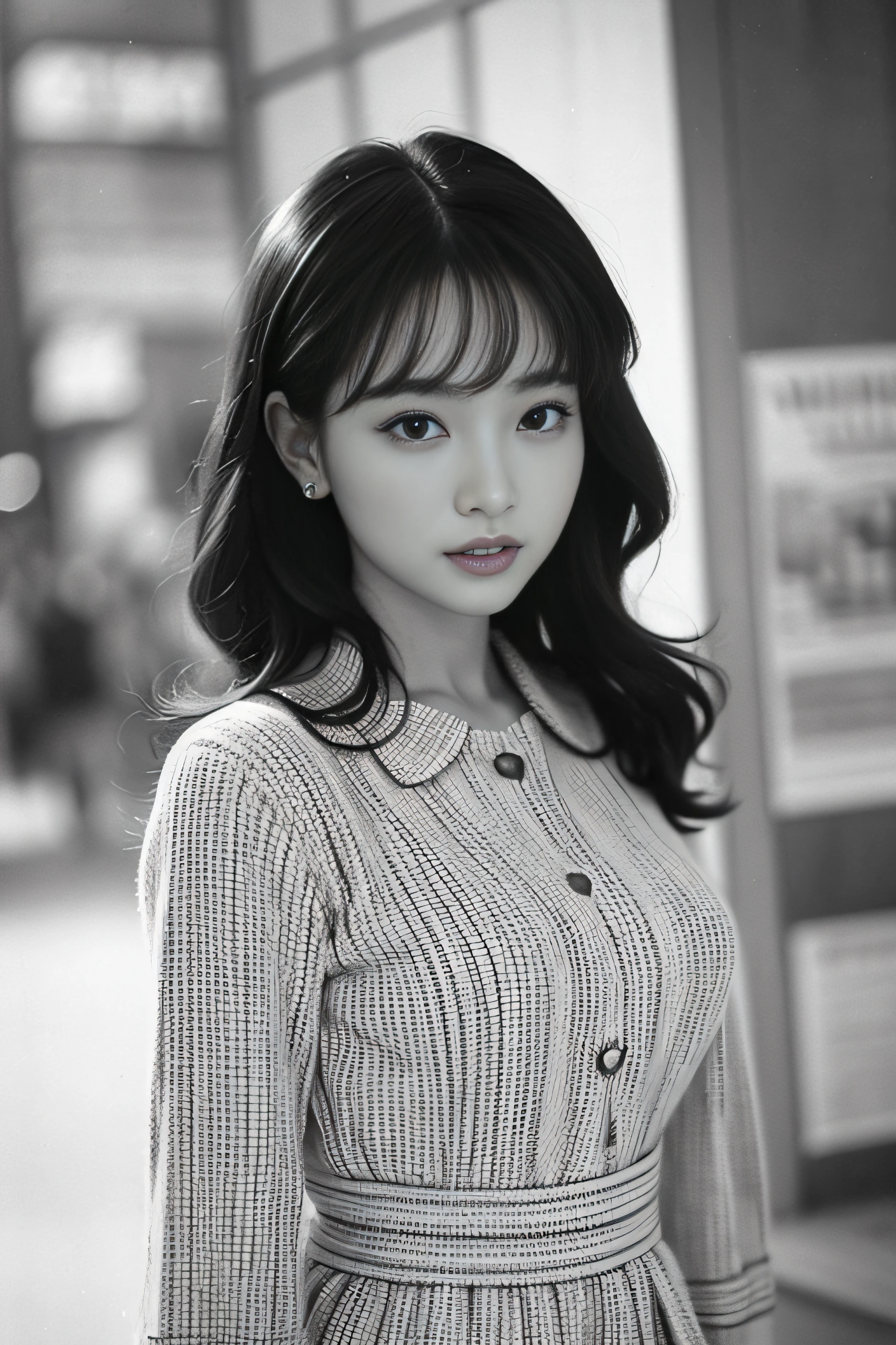 1womanl、(Solo:1.3)、(Super beautiful)、(ultra beautiful faces)、Japan actresses of the 1950s、(Clothes that were popular in the United States in the 1950s)、upperbody shot、(Monochrome photography)