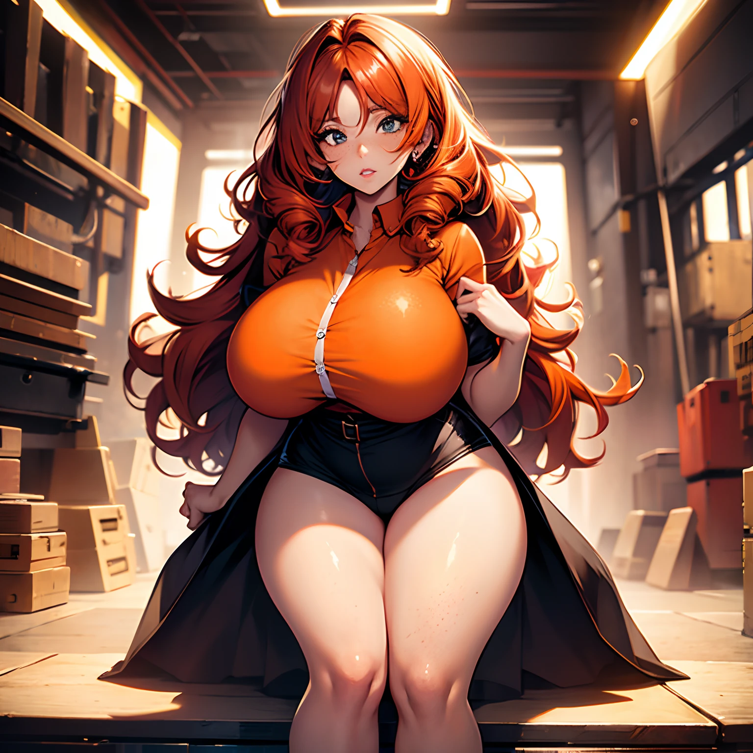 Huge breasts redhead thick thighs curly hair female freckles attractive face tight orange shirt lips parted lips confused face female full body shot