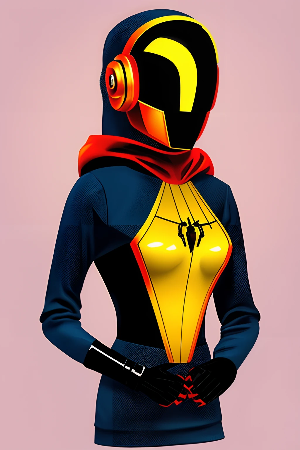 Daft punk-themed spiderwoman with a hood and no mask