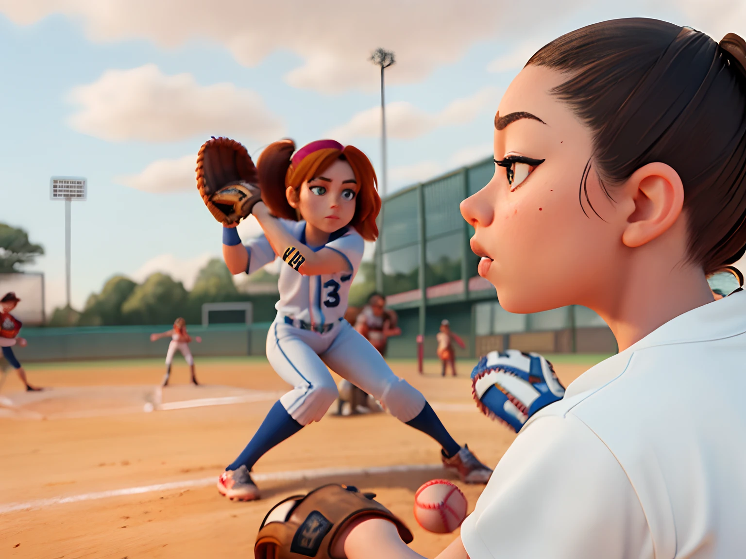 Masterpiece, (watercolor:1.3), (short stack:1.1), forward facing, eyes on camera, serious expression, (action shot:1.4) , (upper body strength:1.3), contrapposto (tattoo:1), softball pitcher, auburn hair, green eyes, (string bikini:1), pitching a softball at viewer, (focus on softball in foreground:1.4), sunny, natural lighting, High definition, excellent resolution, excellent quality, insane detail, semi realistic, postprocessed, crisp face, facial features, extremely detailed, facial features