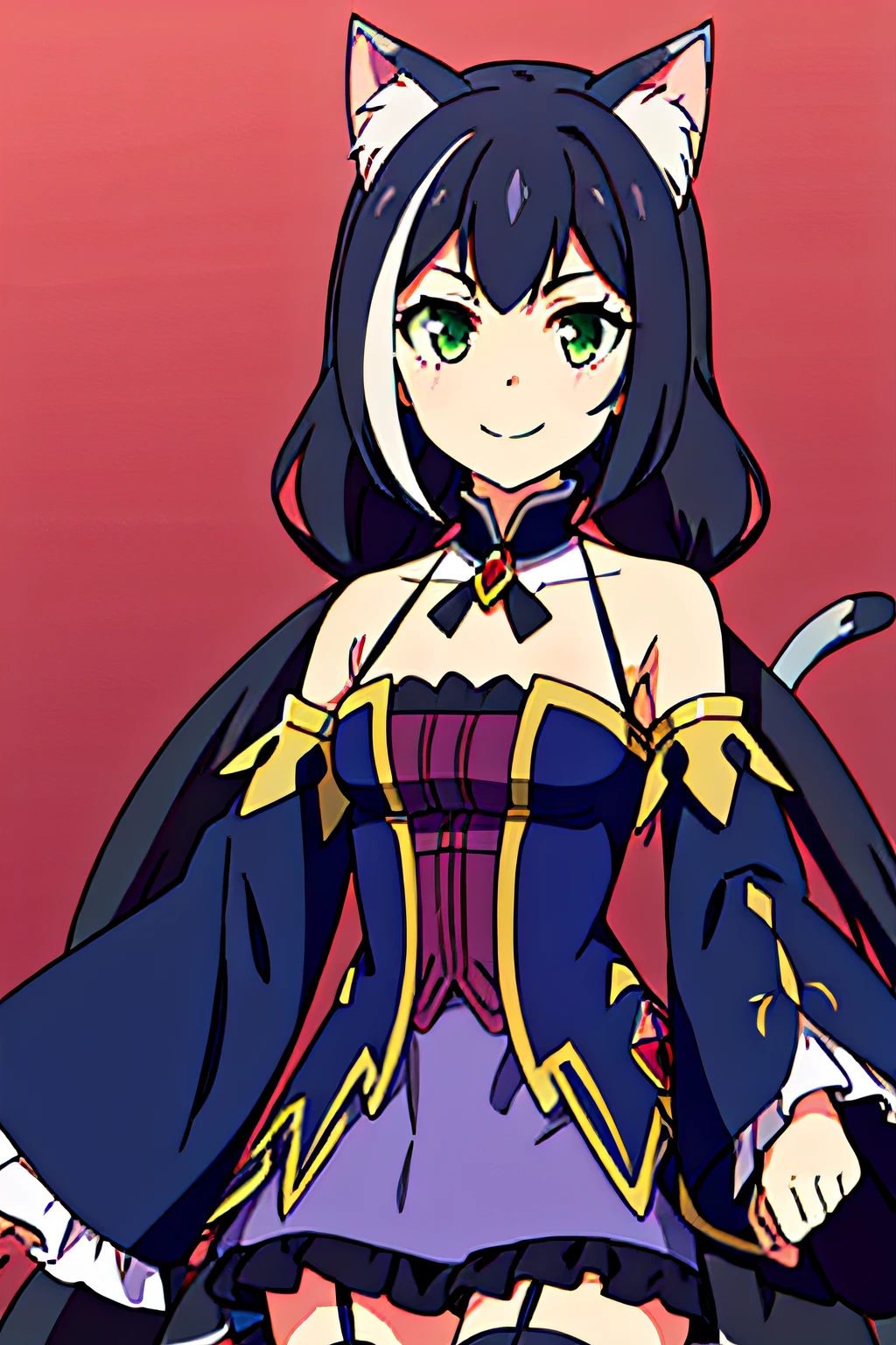 green eyes, very long hair, black hair, low twintails, 1girl, solo, upper body, facing viewer, looking at viewer, smile. karyldefault, cat ears, cat tail, purple dress, blue detached sleeves, wide sleeves, frills, black thighhighs, thigh strap, gem,