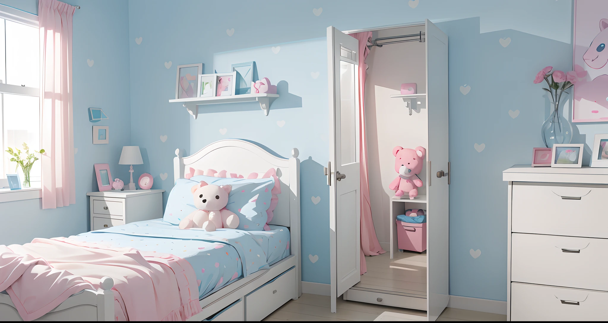 A plain white wall blue contour, close up on wall with dresser and a pink teddy bear, ((white wall background)), white wooden floor
