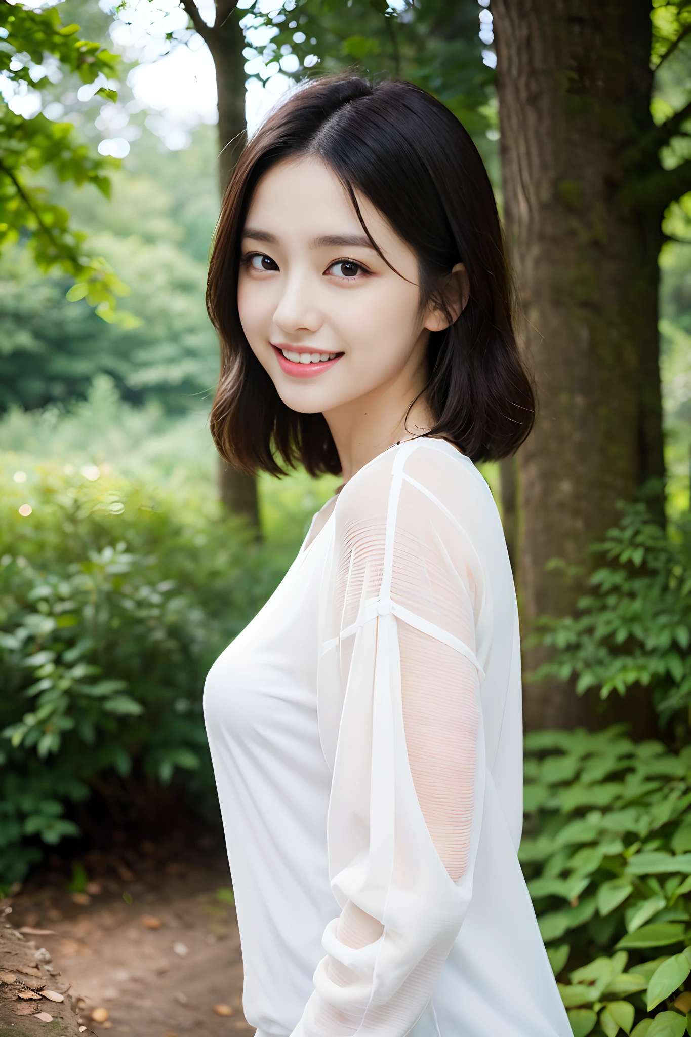 (8K、Top image quality:1.2)、(masterpiece:1.37)、(a picture、Photorealsitic:1.37)、(超A high resolution)、full body Esbian、Walking Pose、Shooting from front、(white shirt:1.2)、(Insanely detailed、bloom:1.5)、(top-quality、Alessandro Casa Grande、Gregglettkowski、Sallyman、concept-art、4K)、(analogue:1.2)、(High- sharpness)、(Detailed pupils:1.1)、detailed faces and eyes、 masterpiece、top-quality、(extremely detailed photo:1.1)、(Black hair、Shorthair、Trance:1.1)、(infp young woman:1.1)、sharp、(perfect bodies:1.1)、realisitic、realistic shadow、。.。.。.。.。.。.。.。.3D、(in woods:1.2)、Smiling、Realistic hair、NSFW,
photographed:Canon EOS R6、135 mm、1/1250 seconds、F2.8、ISO 400