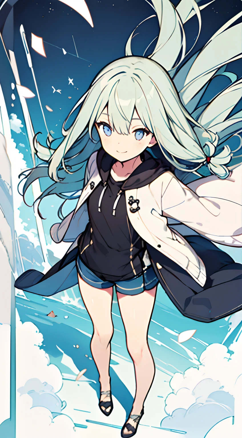 masuter piece, Best Quality,32K、Wallpaper, ultra -detail, Absurd beauty, 1beautiful girl、Big crisp eyes、Hair fluttering in the wind、Slender legs、Smaller head、miscievous smile、Angle looking down from above:1.2、♡♡♡
