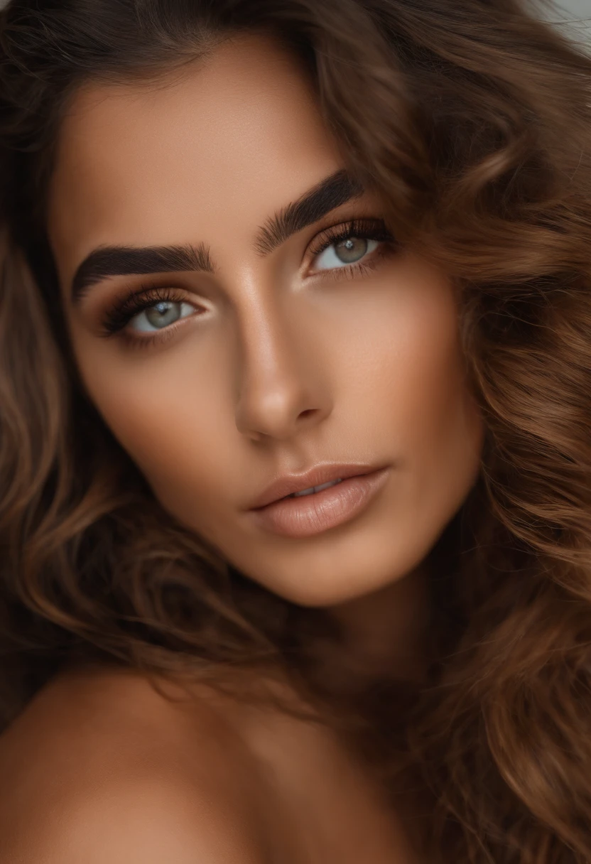 Arafed mujer, brown eyes, portrait by Léanne Ansar, long curly brown hair, desordenado y ojos grandes, selfie de una mujer joven, Ojos del dormitorio, MARTA SIERRA, sin maquillaje, Maquillaje natural, cara con artgram, maquillaje sutil, Impresionante foto de cuerpo completo, en la playa, SEXUAL
