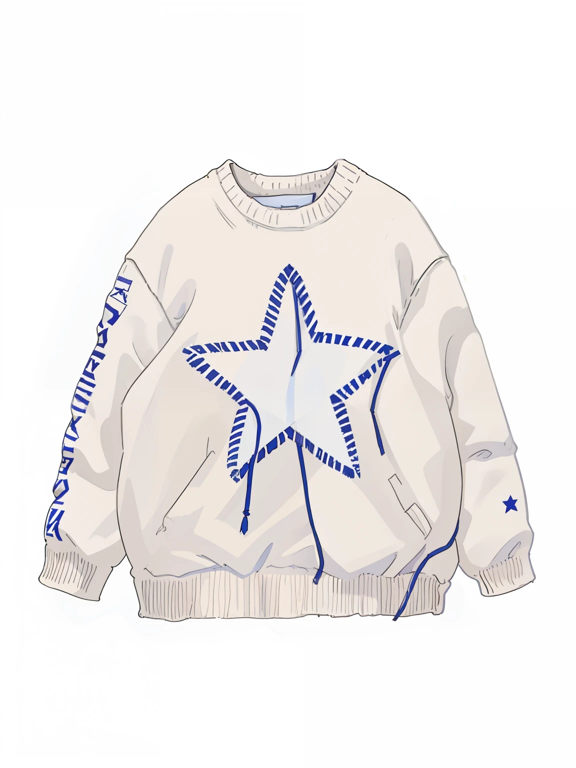 Close up drawing of a white sweater with blue stars on the sleeves, intarsia, ssense, beige, 2 0 2 0 fashion, trending on r/streetwear, 2021, 2 0 2 1, uniform off - white sky, off - white style, offwhite, 2 0 2 0, 2020, p. j. n, detailed anime drawing, oversized 2D, 2D drawing, sweater anime, 2D, draw, cute