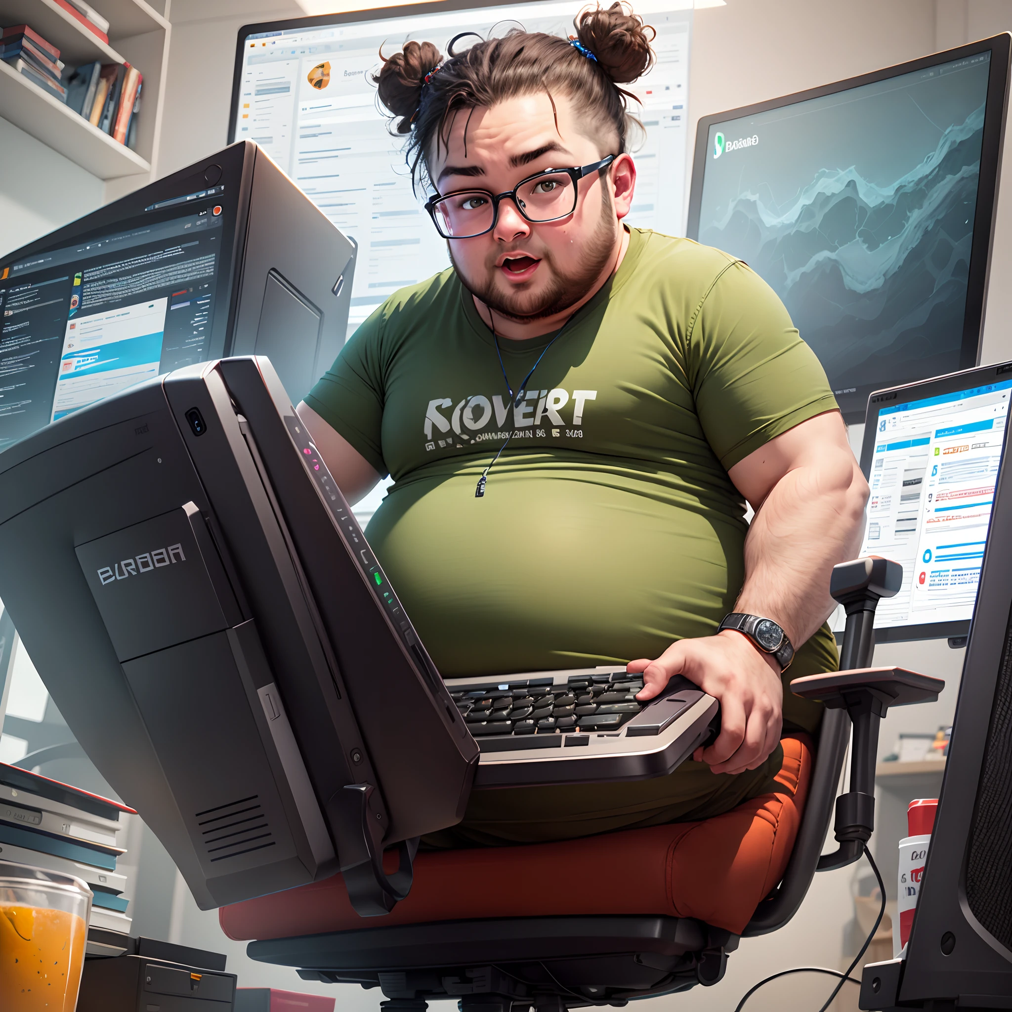 Fat nerd playing computer games