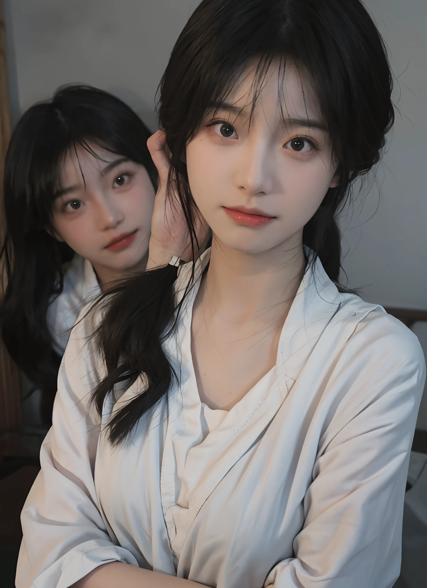 best qualtiy， 超高分辨率， （realisticlying：1.4）， one-girl， A pair of clear and moving eyes,Royal Sister，Snow-white school uniform， （big cleavage breasts：1.2）， looking at viewert， closeup cleavage ，