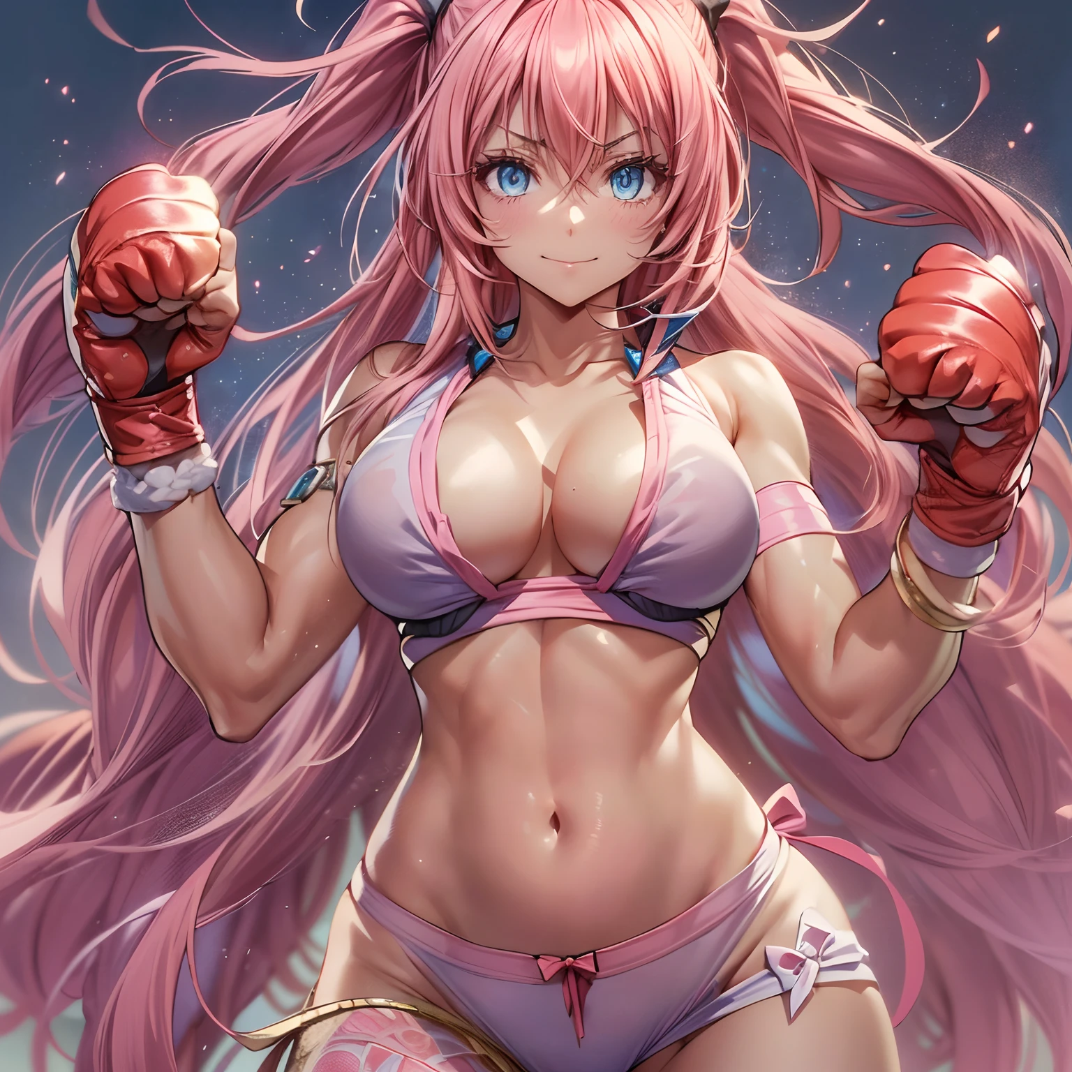 (medium breasts))) (((big ass))) beautiful, wearing bikini, long hair, Pink, sadistic, (((tied in two tails))), smiling, blue eyes, (((Milim Nava de Tensura) )), (slim waist), (big butt), 8k, lean muscular legs, muscular belly, bare feet, (((best quality)), ((8K)), sharp focus: 1.2, highly detailed face and texture skin, detailed eyes, perfect face, perfect body, art, cg, (((I'm throwing a punch))), (((boxing pose))),