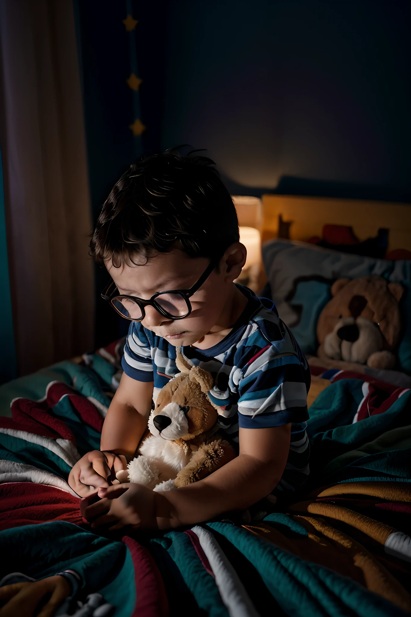 "A 3-year-old boy wearing glasses, dressed in pajamas, sleeping while hugging his teddy bear in his bed. The dark room is softly illuminated by a nightlight."