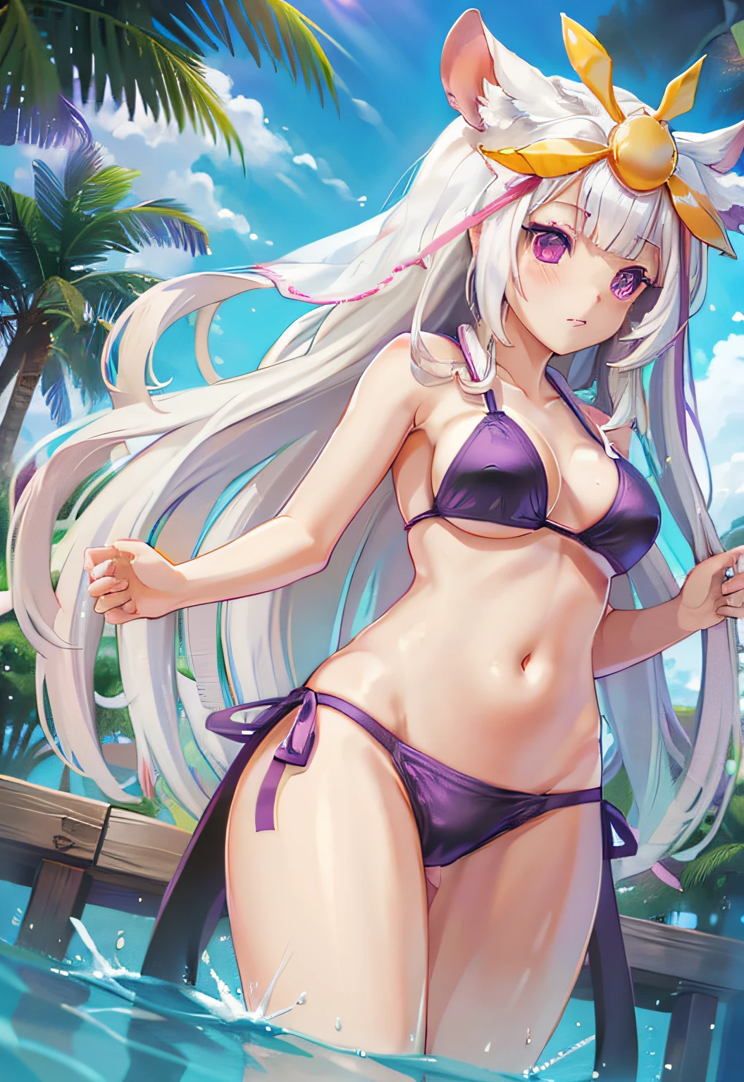 masterpiece, best quality, absurd Res, perfect anatomy, simple background, (((front views))), (((from below))), Mori Base, white long hair, (((larger breasts:0.9))), veil, hair ornament, white high socks, black geta, (((Purple side string bikini))), (((forget to wear bikini bottoms:1.3))), mouse close, NSFW, outdoors, open field, 1girl, breast lift, thigh gap, surprised, pool, partially submerged,