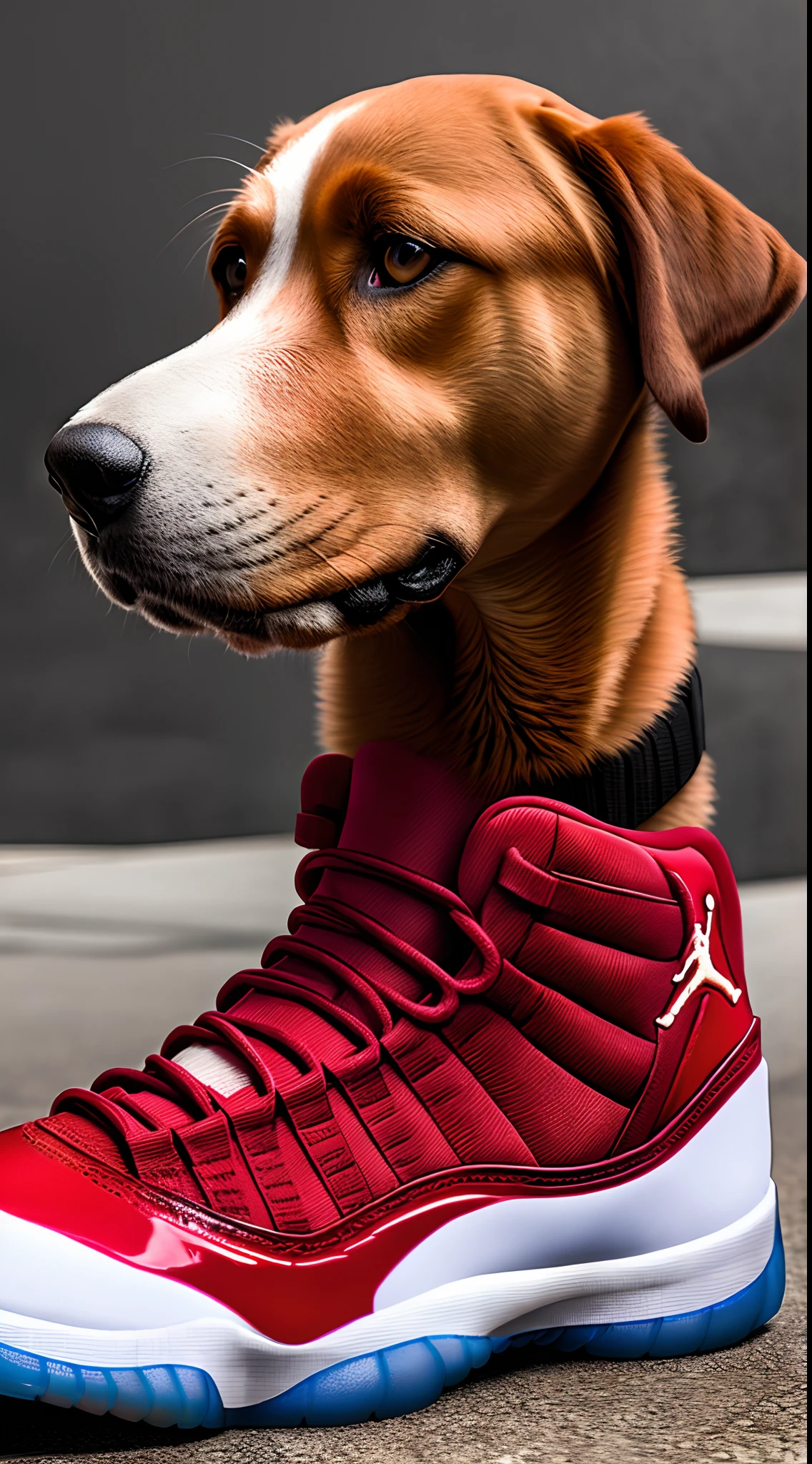 Hyper realistic Clifford the big red dog wearing Jordan 11s