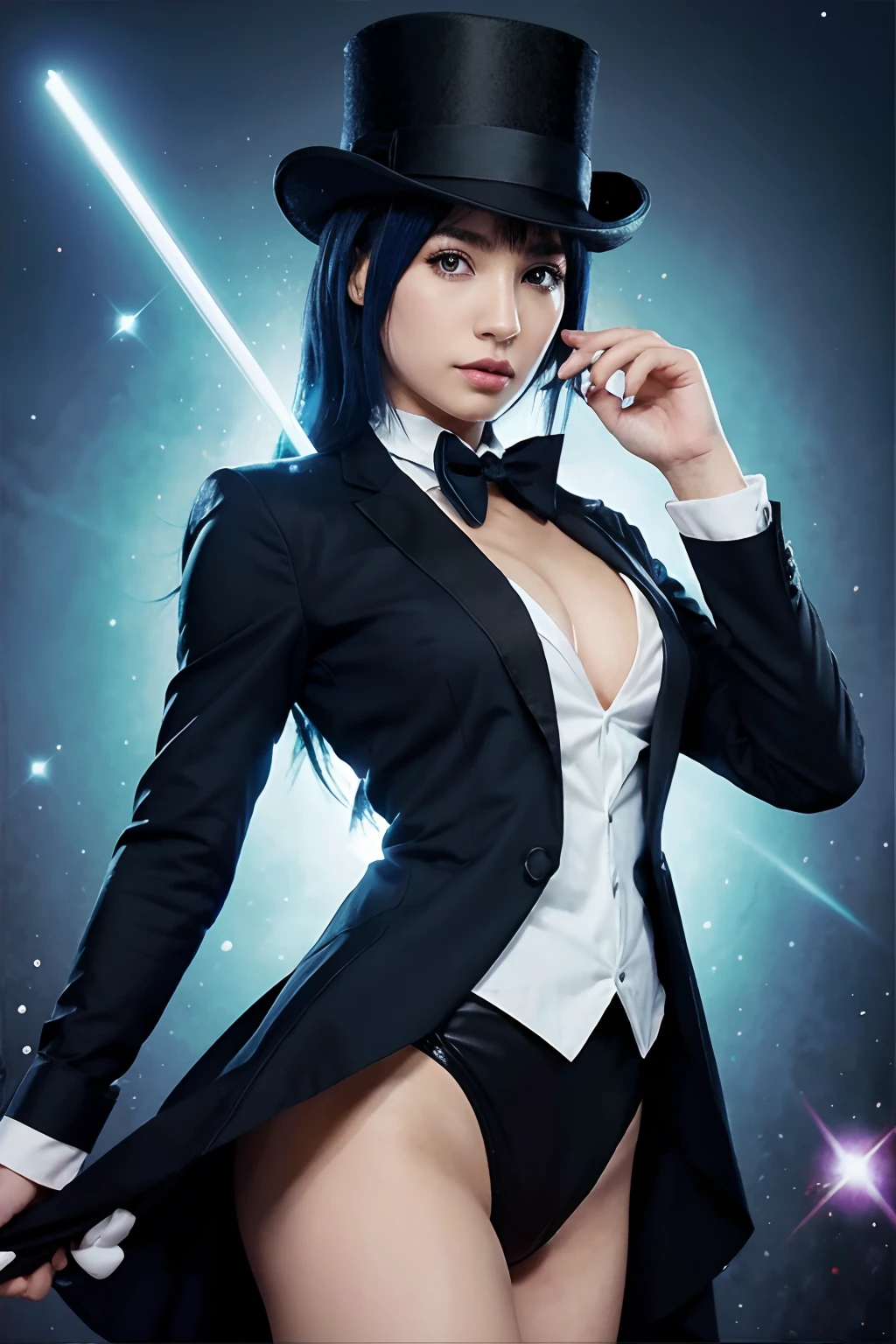 Anime character dressed in tuxedo and top hat with a magic wand, Maga Feminina, cabelo azul longo, Marin Kitagawa Fanart, anime moe artstyle, Magia, Preto - Mago Cabelo, Arte Oficial do personagem, magic uniform, KDA, Retrato completo do elementalista, Gatilho Estilo de Arte de Anime, magia de elenco de bruxa de anime de paquera, Arte Oficial, Mago Celestial Lindo, Arte Zerochan