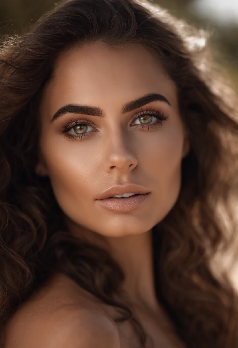 Arafed mujer con bikini, brown eyes, long curly brown hair, desordenado y ojos grandes, selfie de una mujer joven, Ojos del dormitorio, MARTA SIERRA, sin maquillaje, Maquillaje natural, cara con artgram, maquillaje sutil, Impresionante foto de cuerpo completo en la playa.
