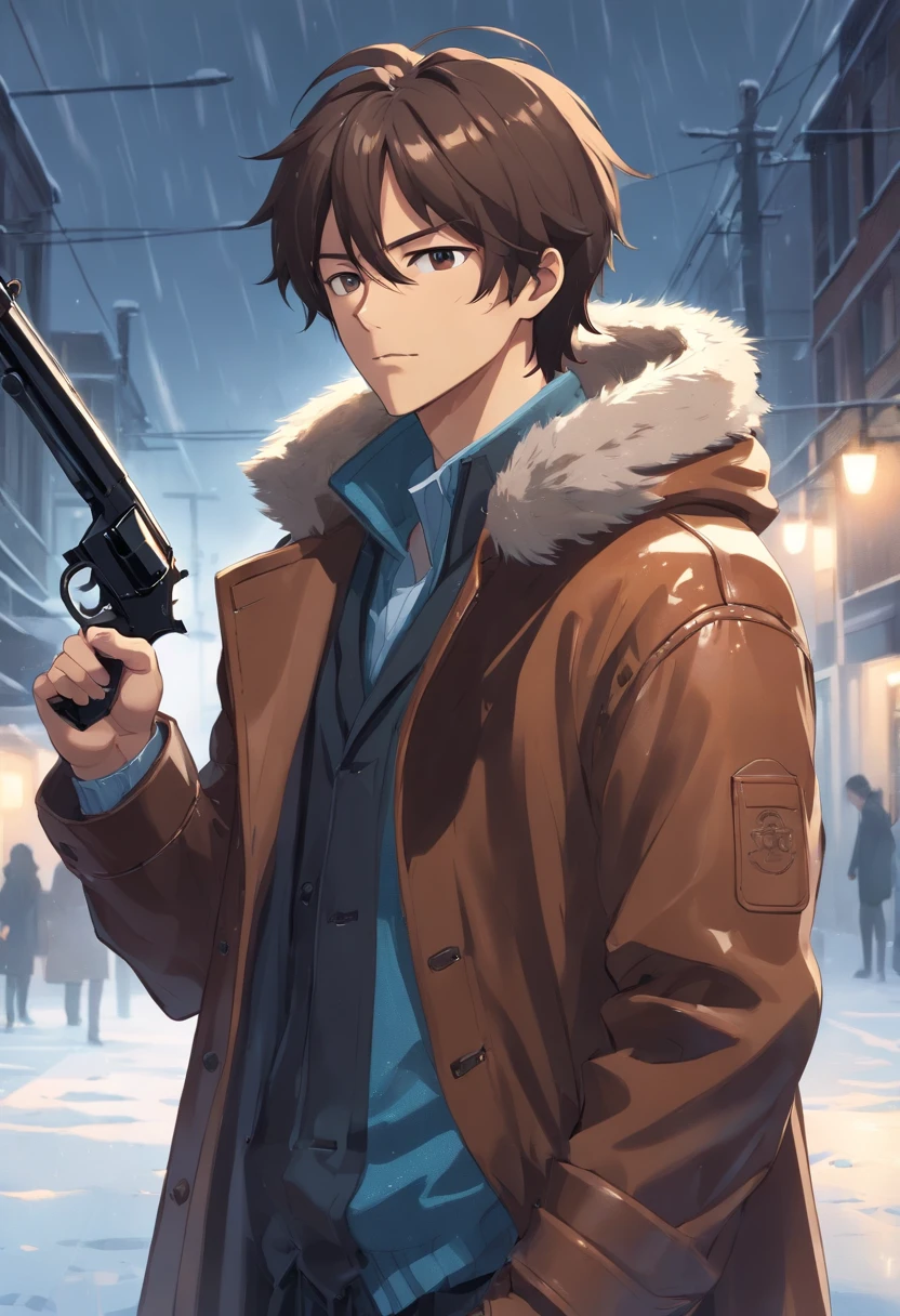 masterpiece, best quality, middle aged man with long brown hair that covers his eyes, wearing a long brown leather coat with a fur lined hood, holding a hunters pistol. A background with a grey sky, heavy snowfall, and dense fog