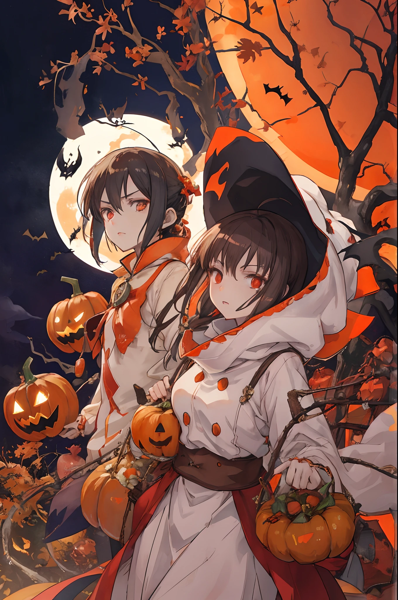 White boy and brunette anime girl in Halloween costumes with pumpkins in the background, tumblr, ❤🔥🍄🌪, Scary style, 🍂 beautiful, 2D anime style, ✨🕌🌙, Halloween art style, Mysterious and gloomy art style , Akehiko Inoue and Ross Tran, with glowing eyes, Creepy art style, ☁🌪🌙👩🏾, Halloween atmosphere, ,